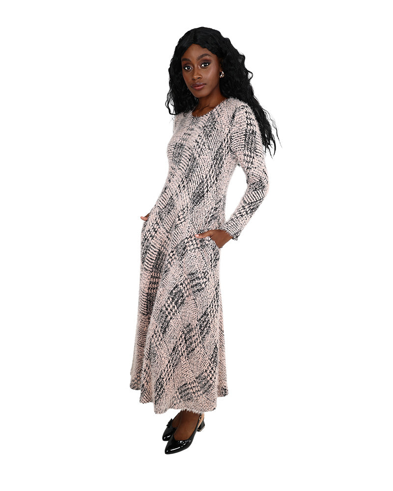 Long Sleeve Printed French Knit Midi Dress