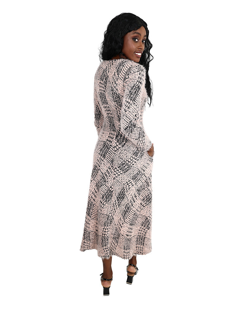 Long Sleeve Printed French Knit Midi Dress