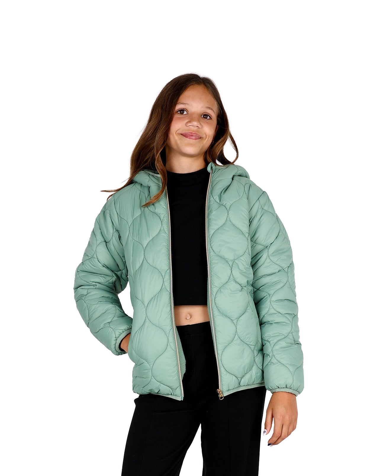 Sage Quilted Hooded Zip Up Puffer Jacket