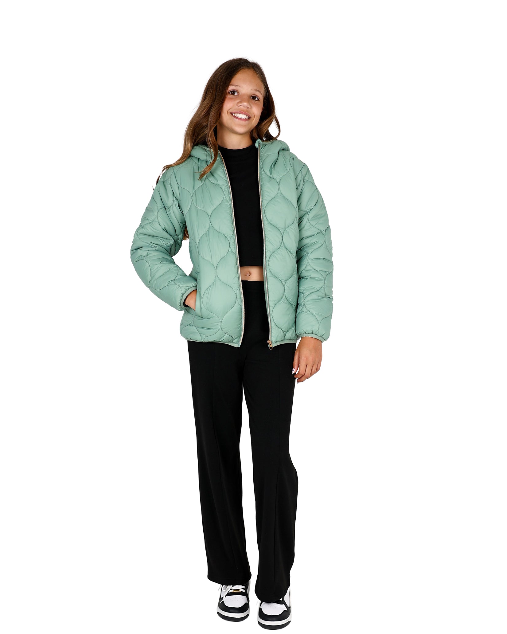 Sage Quilted Hooded Zip Up Puffer Jacket