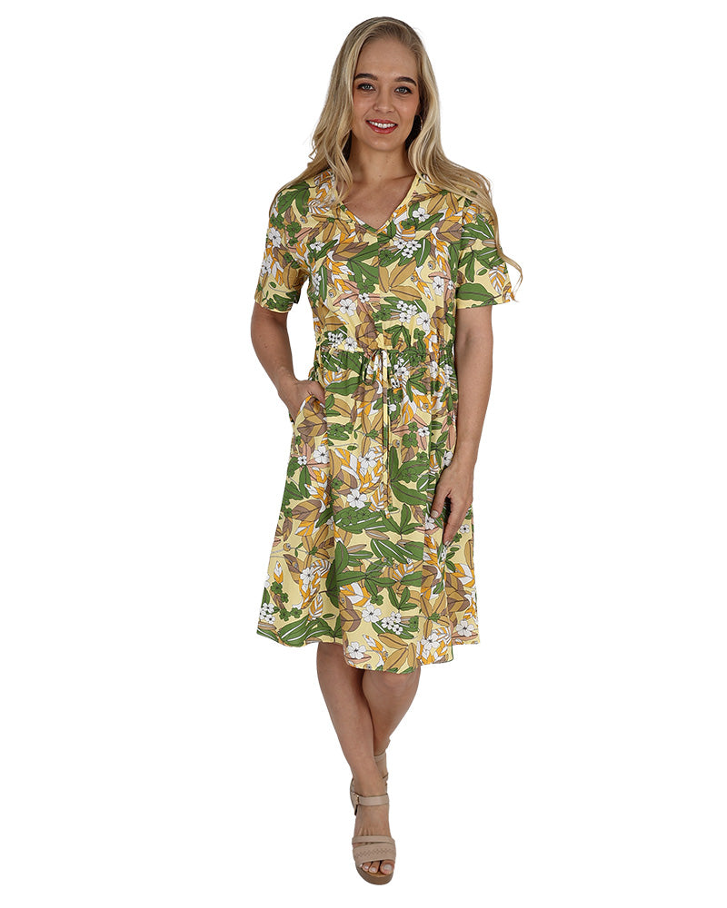 Short Sleeve Elastic Waist Leaf Print Dress
