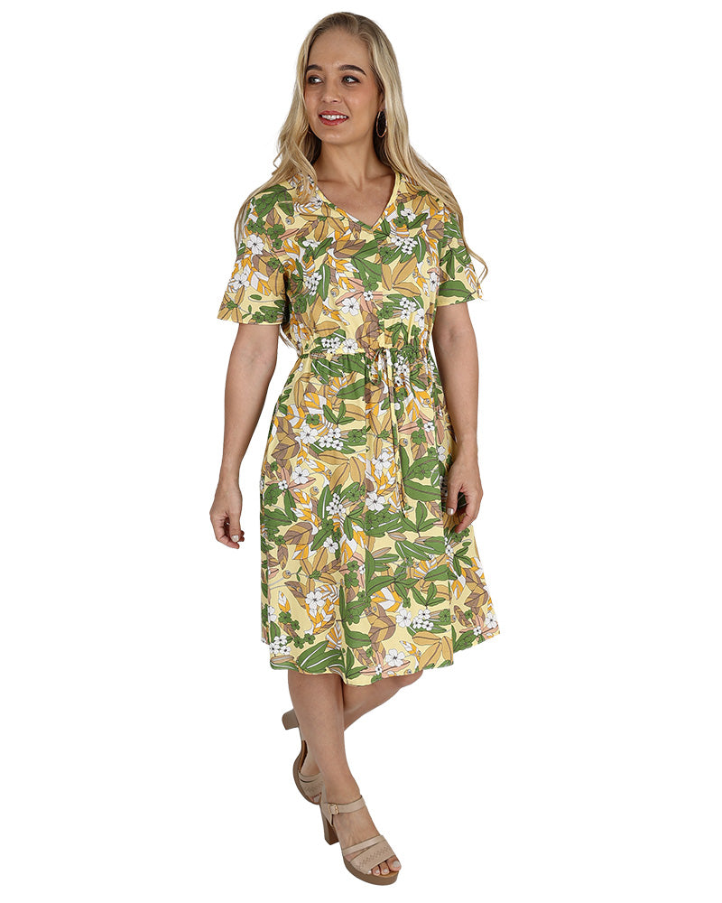 Short Sleeve Elastic Waist Leaf Print Dress