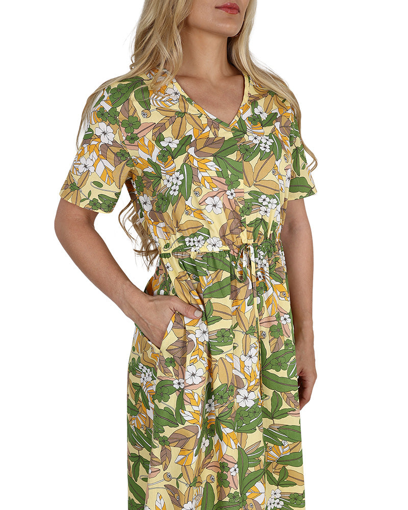 Short Sleeve Elastic Waist Leaf Print Dress