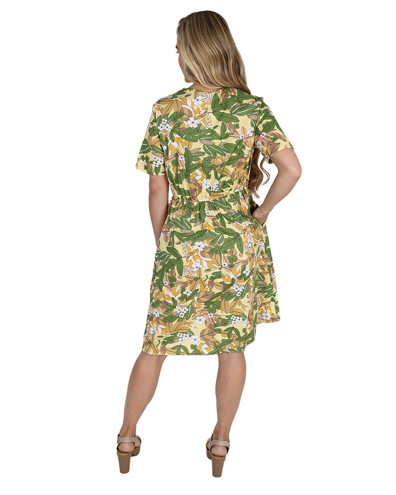 Short Sleeve Elastic Waist Leaf Print Dress