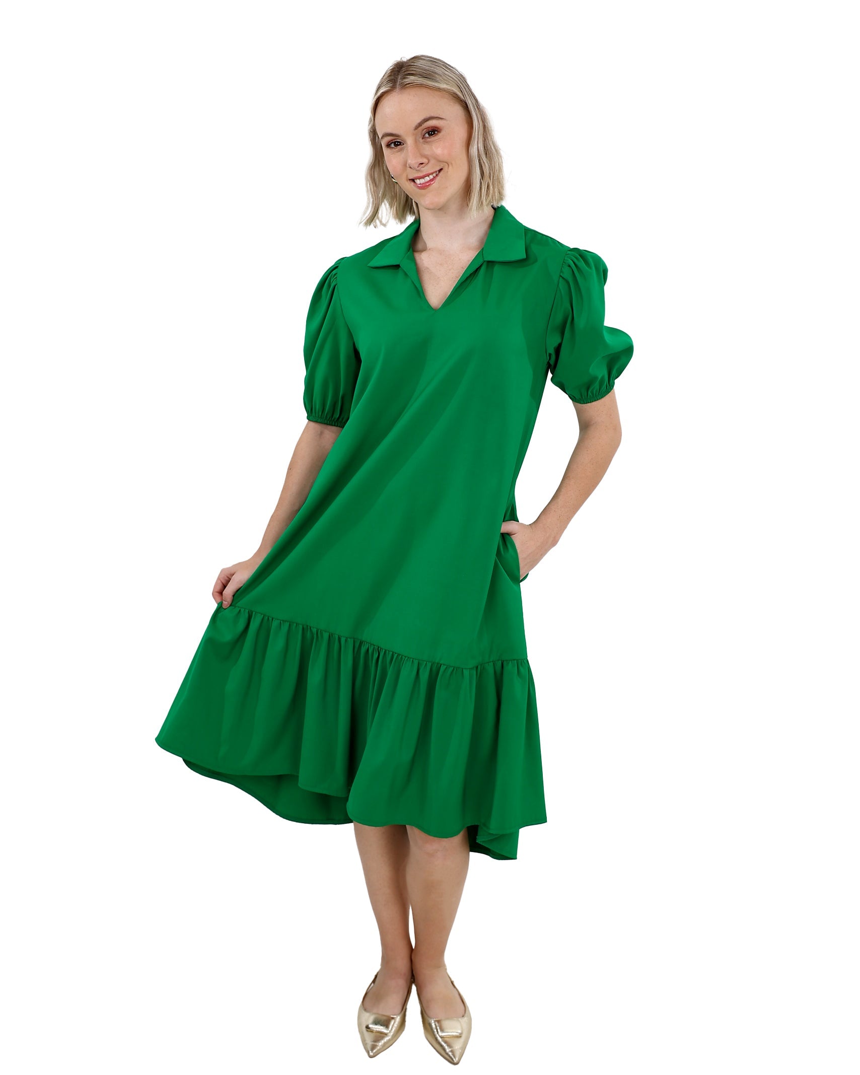 Green Knee Length High-Low Collared Dress