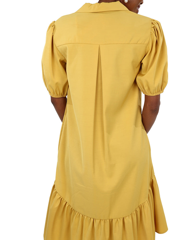 Mustard Knee Length High-Low Collared Dress