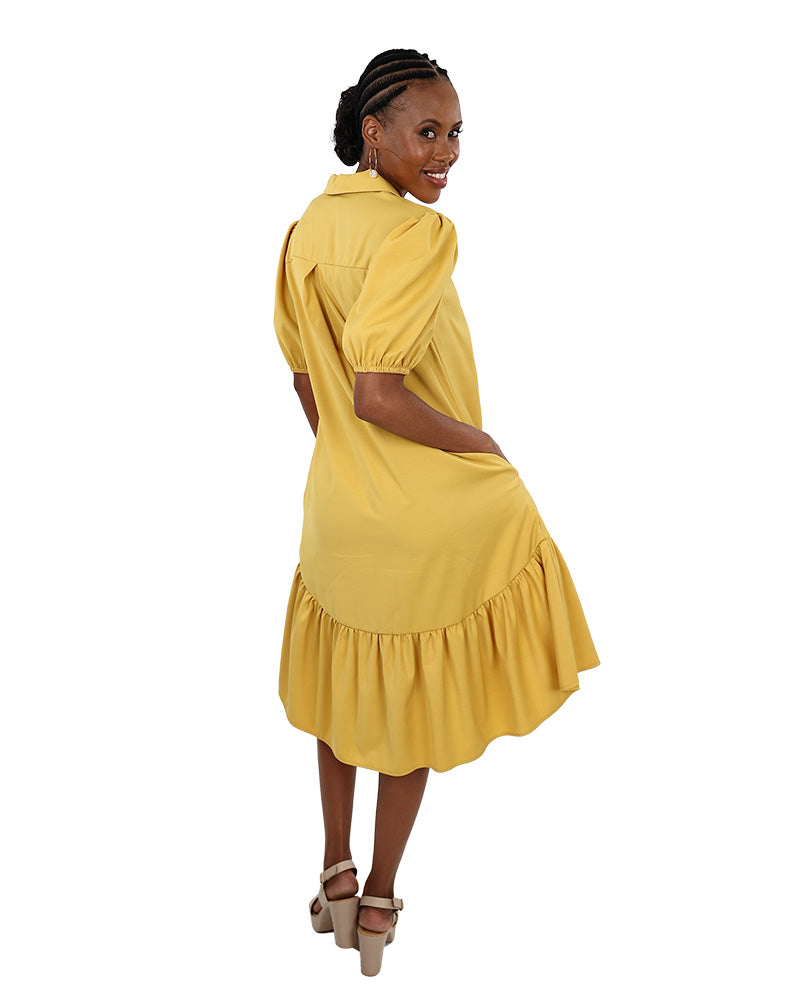 Mustard Knee Length High-Low Collared Dress