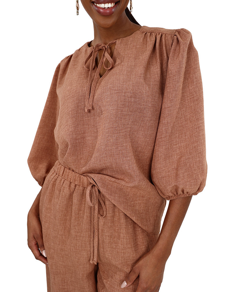 3/4 Puff Sleeve Mocha Tie Front Blouse