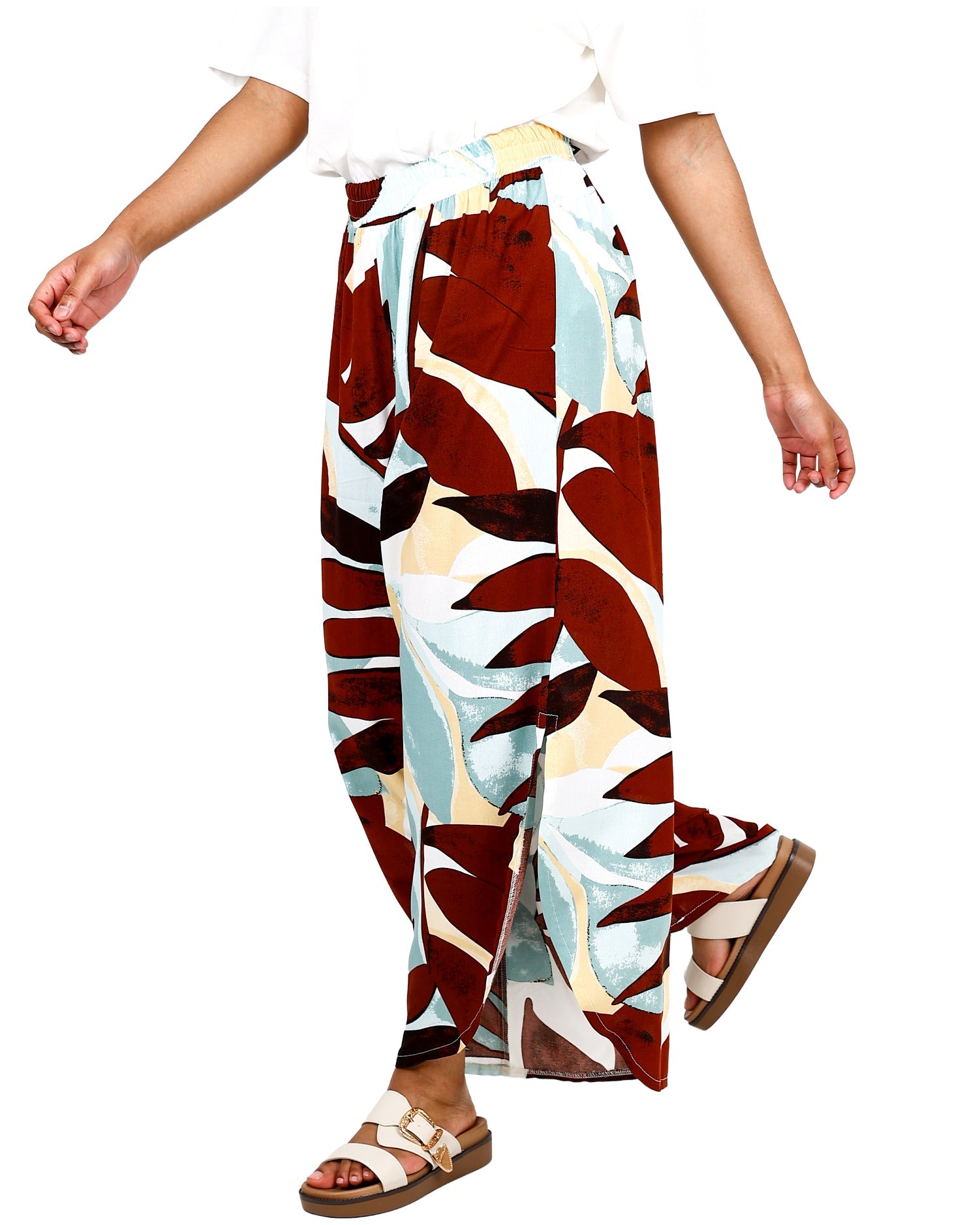 Brown Tropical Leaf Flair Pants
