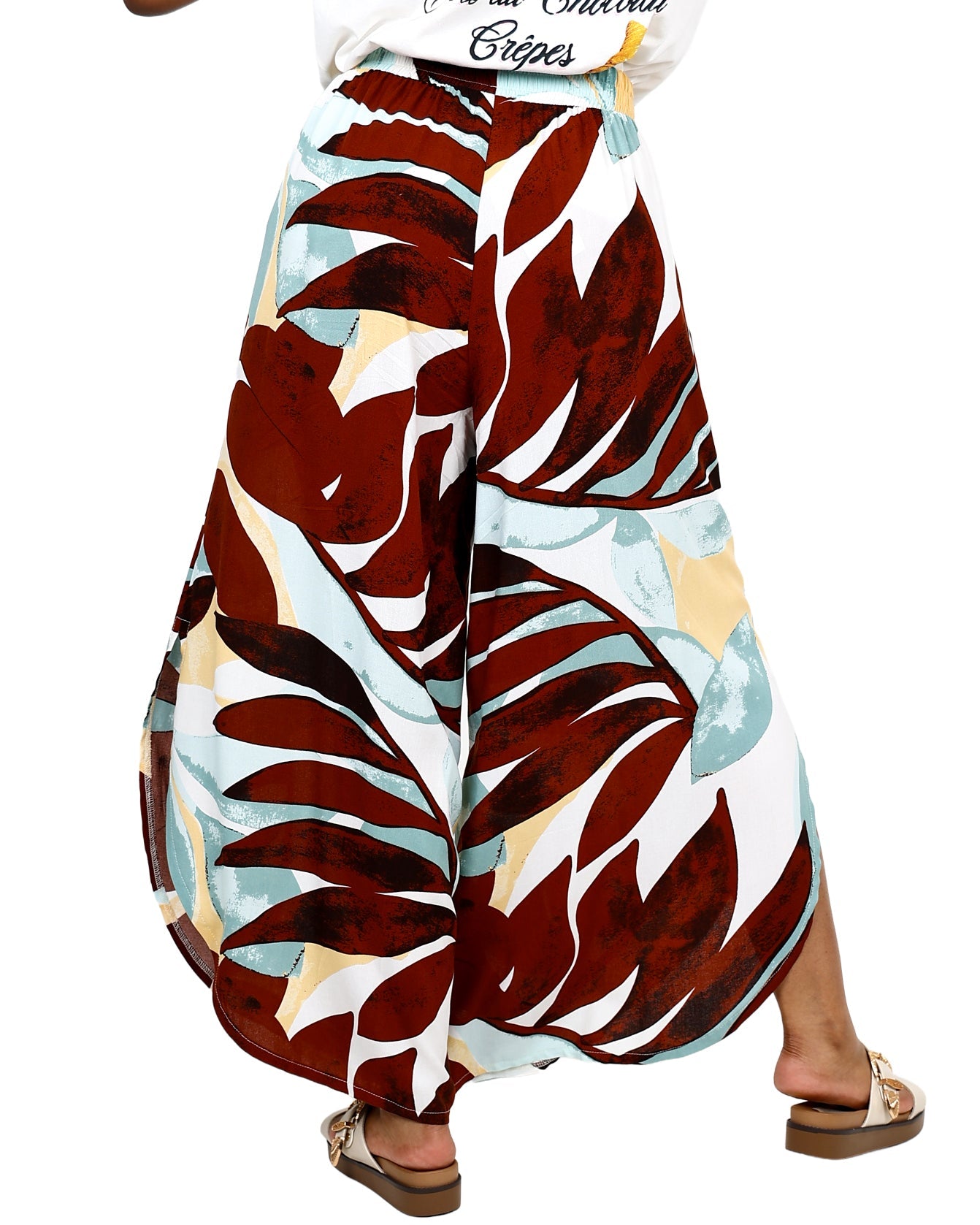 Brown Tropical Leaf Flair Pants
