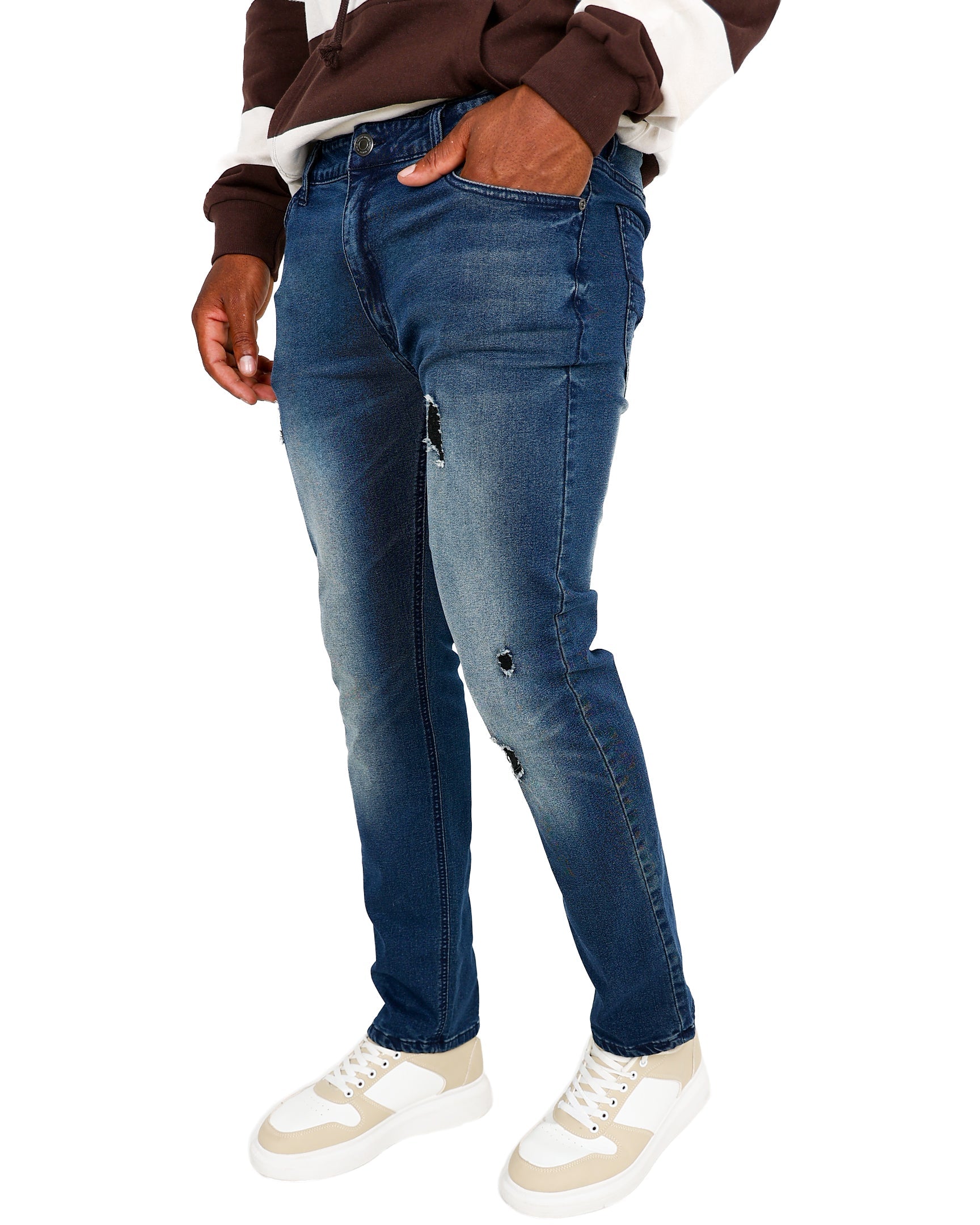 Blue-Black Skinny Rip & Repair Stretch Jeans