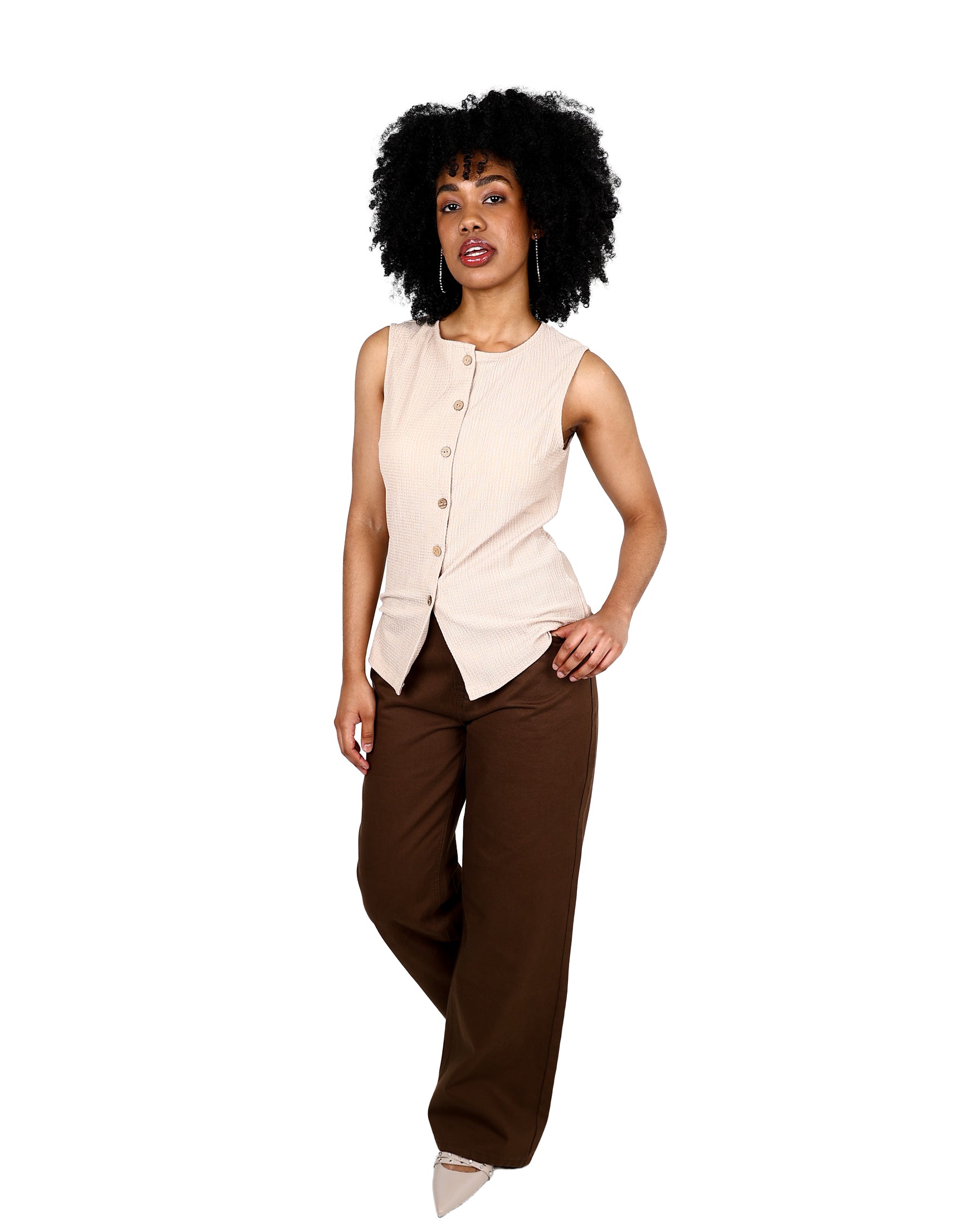 Sleeveless Beige Bubble Textured Button Up Shirt