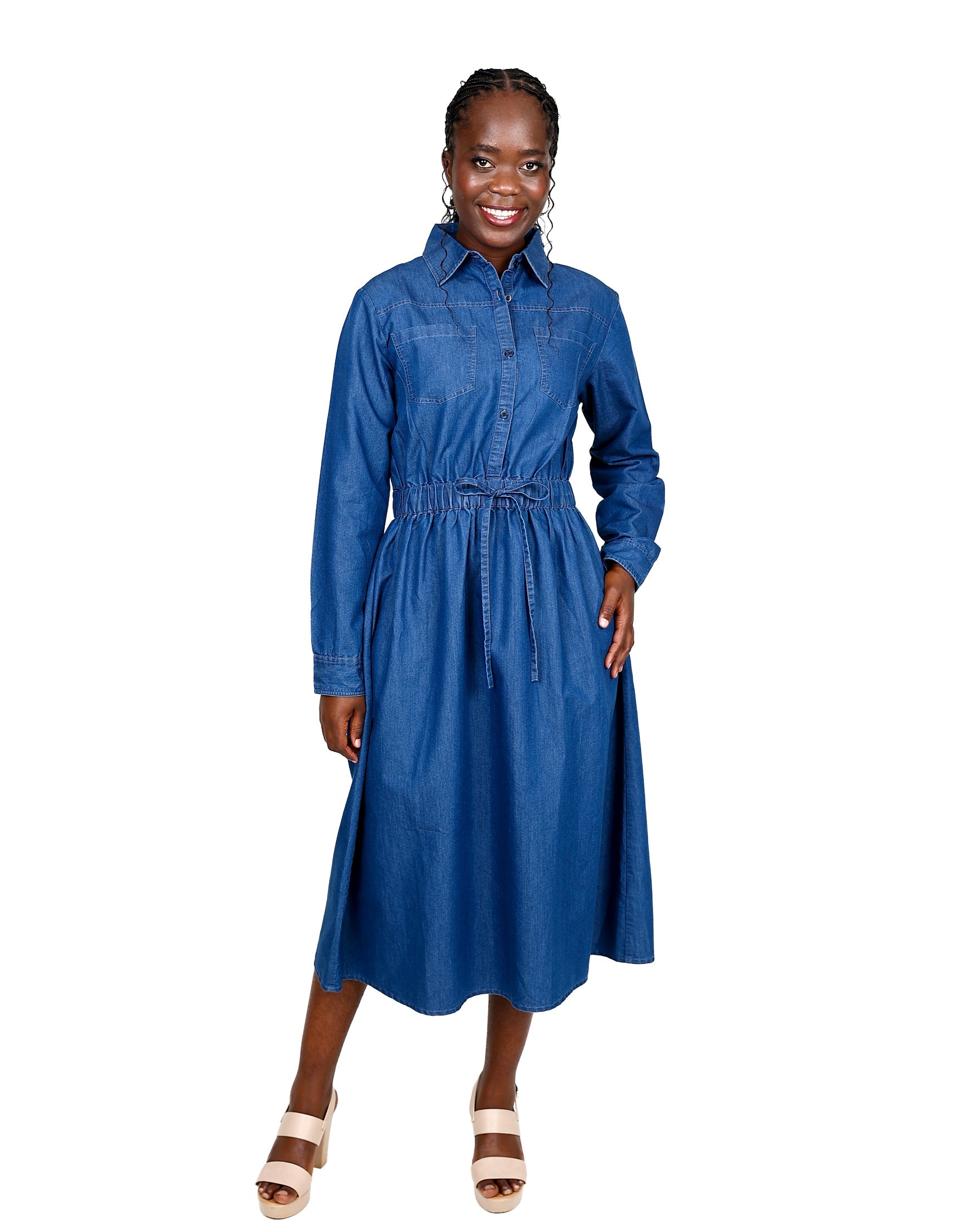 Long Sleeve Denim Midi Shirt Dress