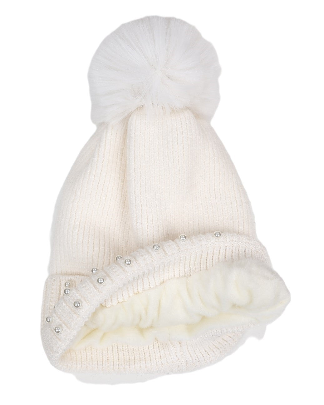 White Decorative Pearl Pompom Beanie