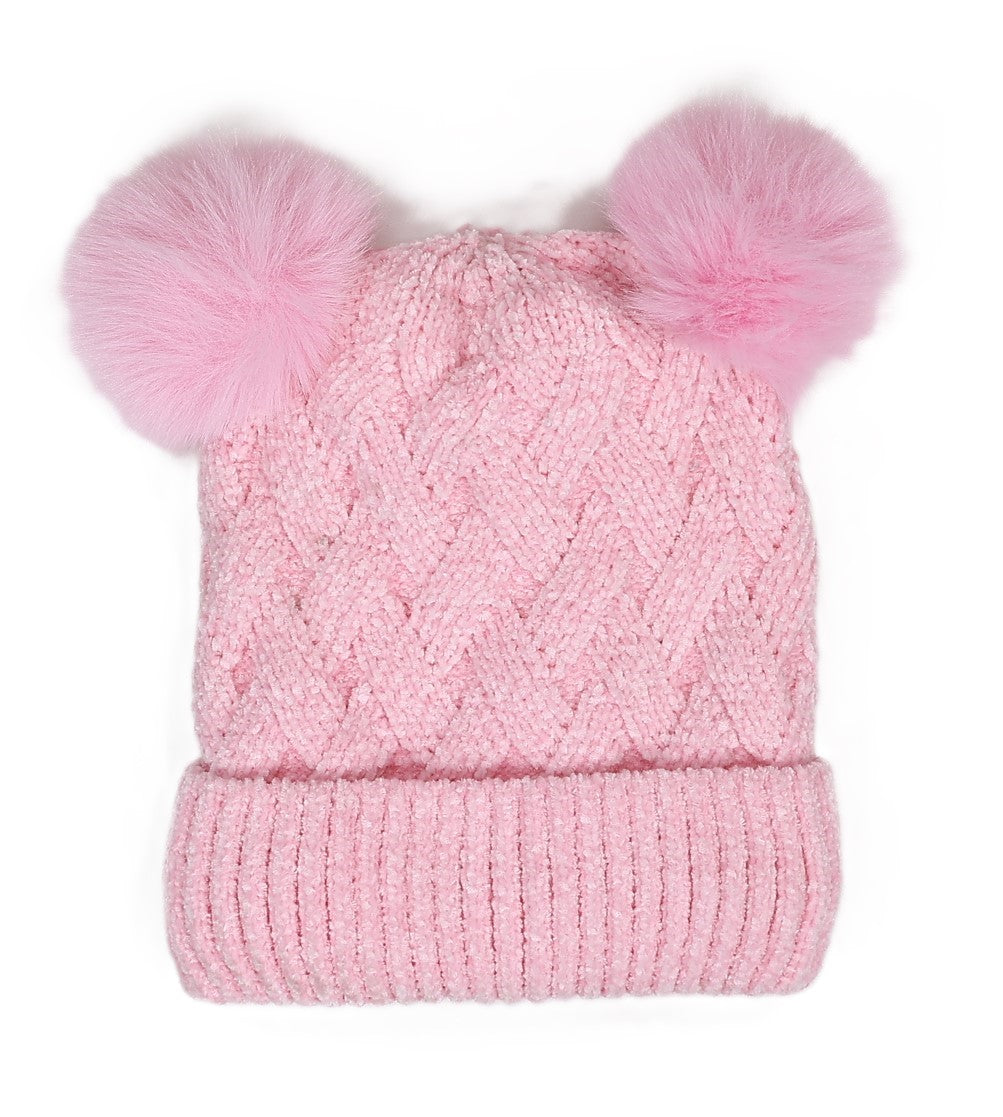 Pink Chenille Double Pompom Beanie