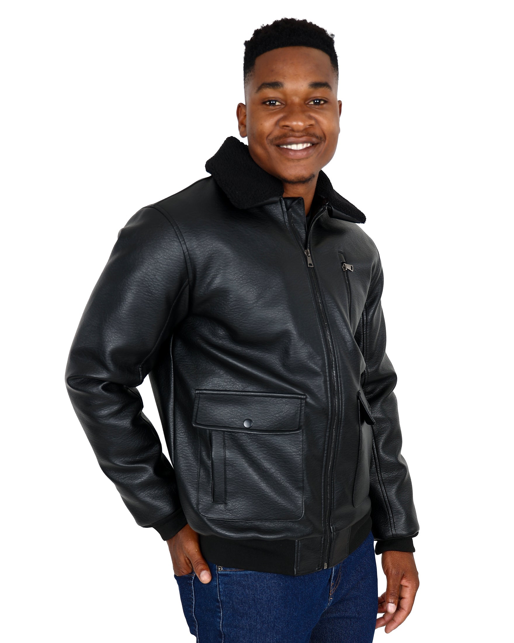 BLACK BLAIN (BBC) ボアジャケット BoreJKT Black Leather-Look Borg Collar Bomber Jacket