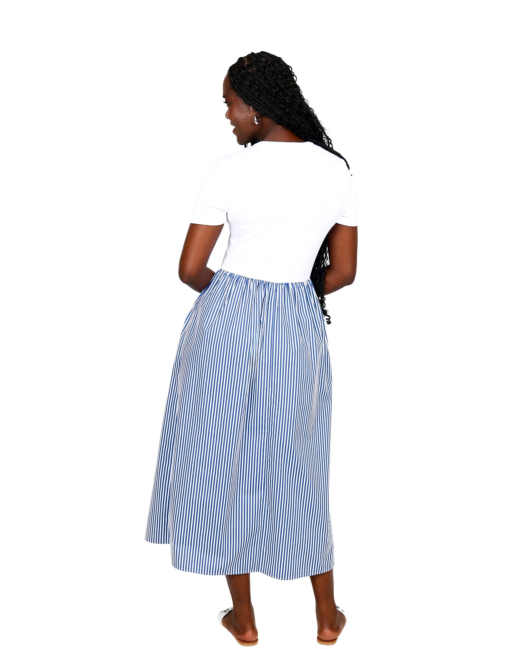 Blue & White Striped Combo Short Sleeve Maxi Dress