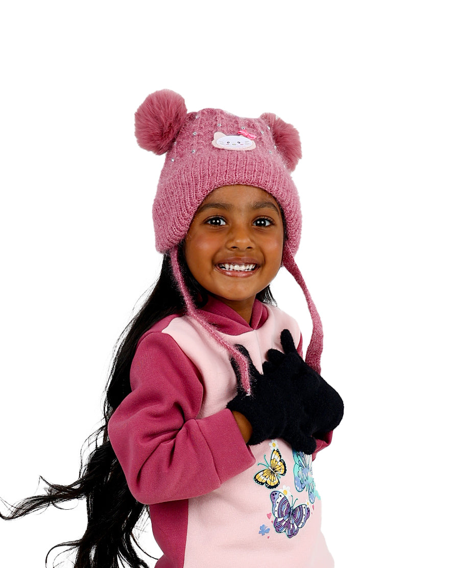 Pearl Embellished Double Pompom Pink Kitten Beanie