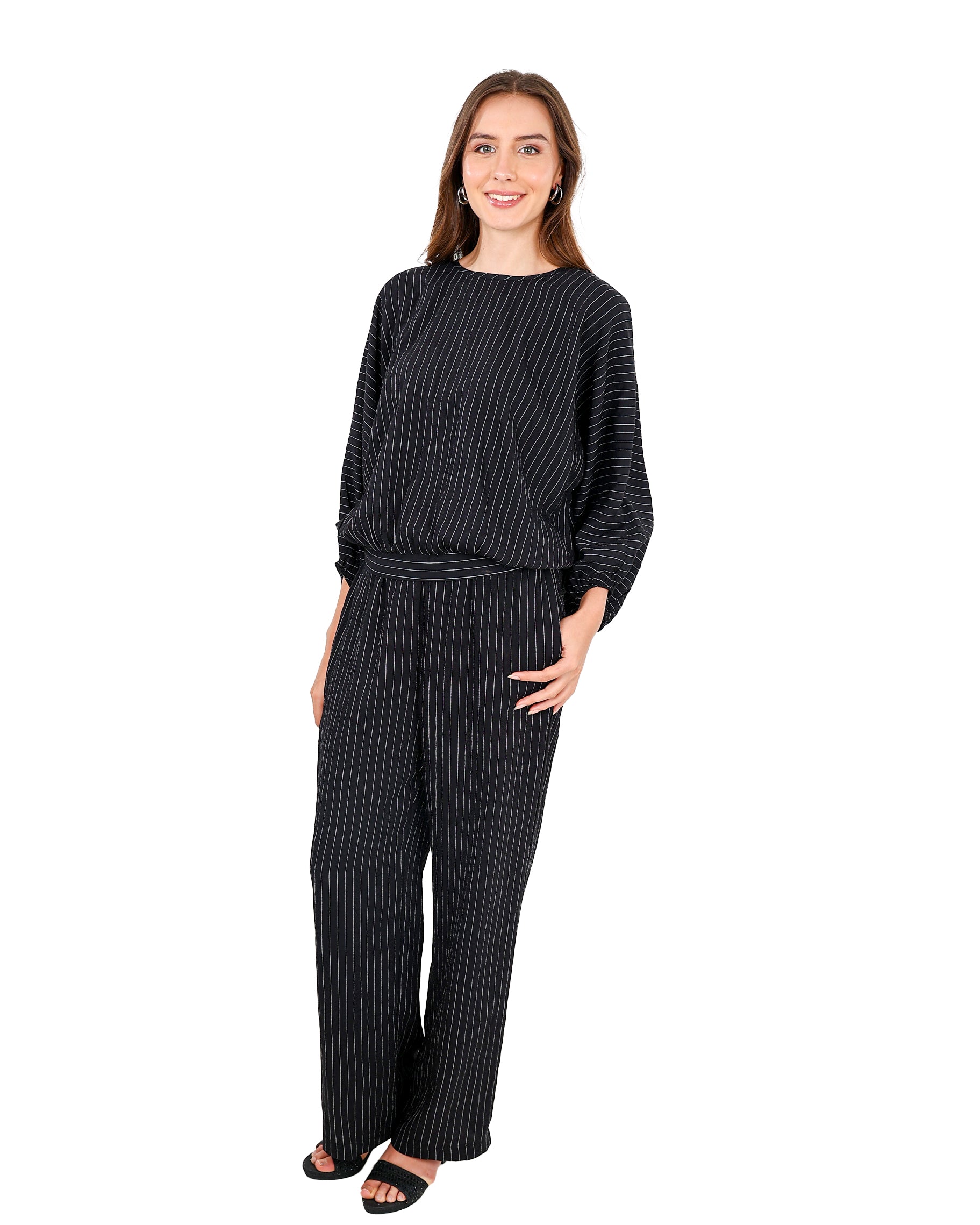 Long Sleeve Batwing Black Striped Blouse