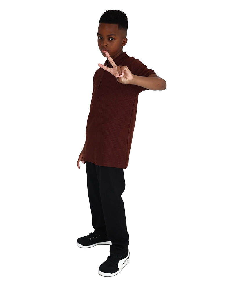 Short Sleeve Brown Zig Zag Jacquard Zip Up Golfer