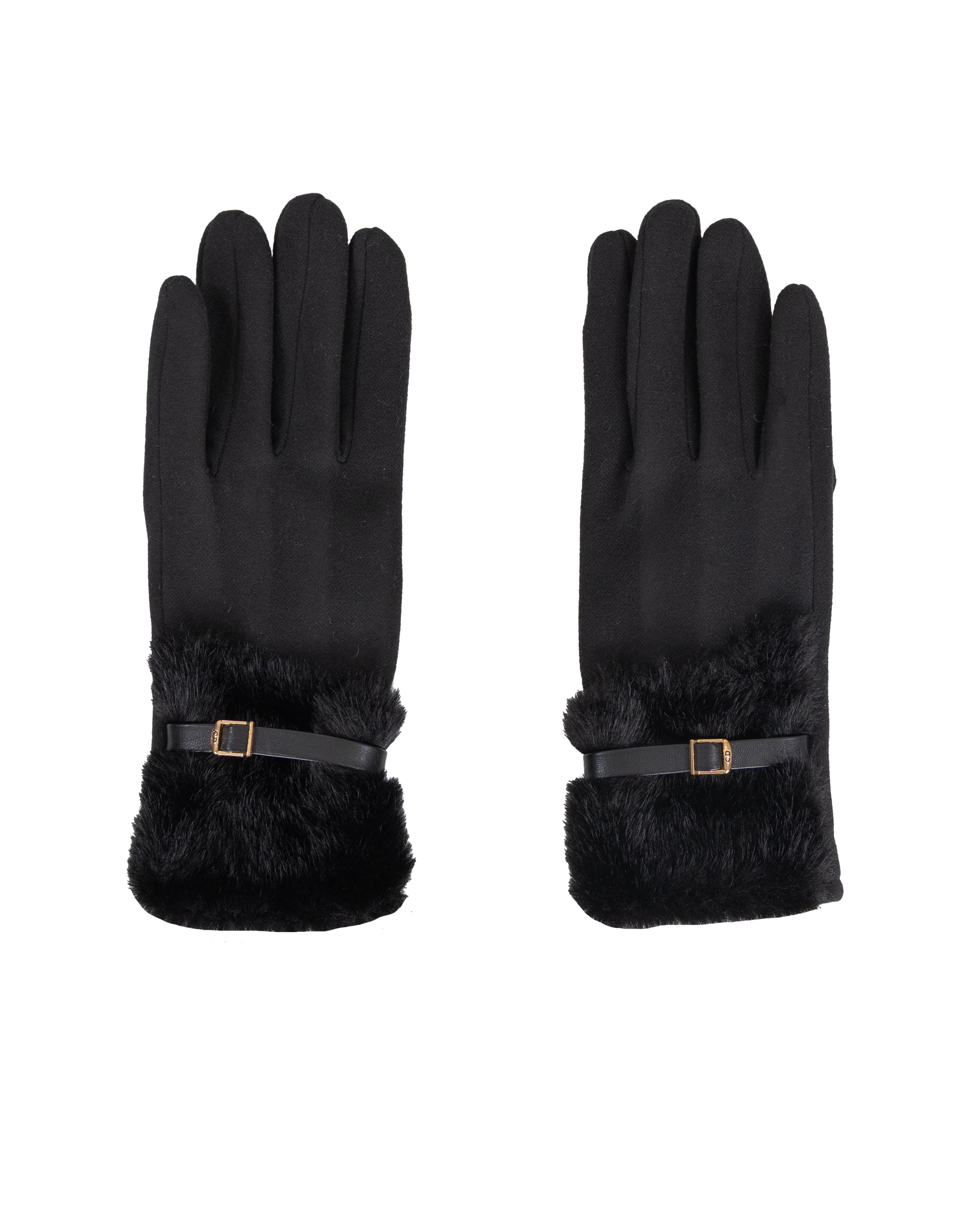 Black Faux Fur Trim Belted Cuff Gloves