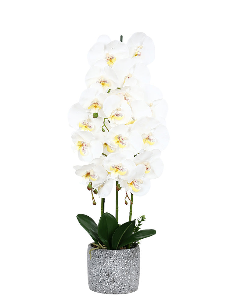 Marbled Pot White Faux Orchid 60cm