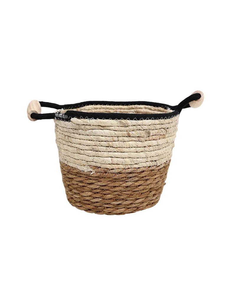 Natural Fibre Small Two Tone Wooden Handle Basket