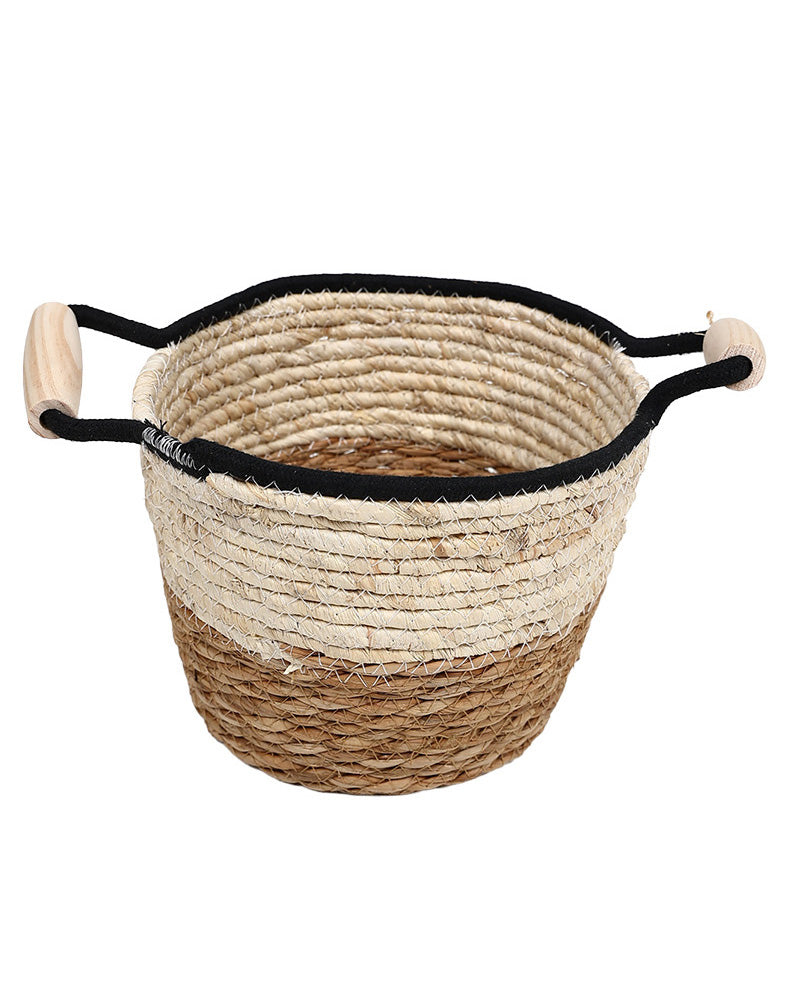 Natural Fibre Large Two Tone Wooden Handle Basket