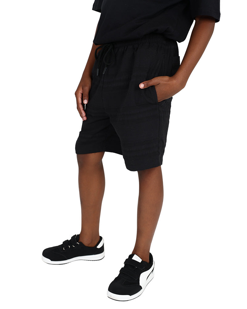 Black Textured Cotton Pull Up Shorts