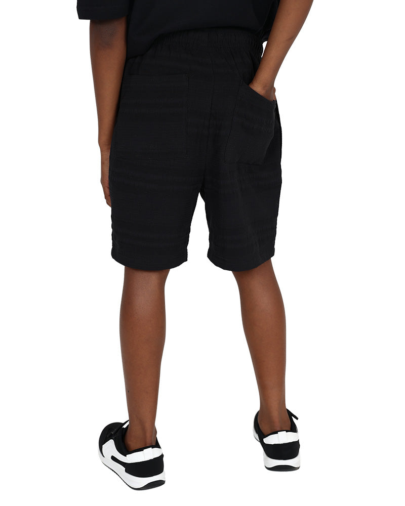 Black Textured Cotton Pull Up Shorts