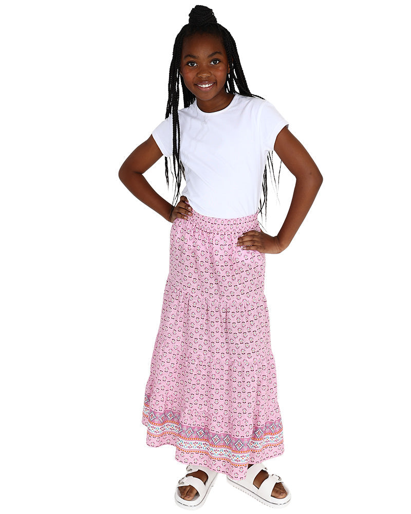 Border Print Pink Tiered Maxi Skirt