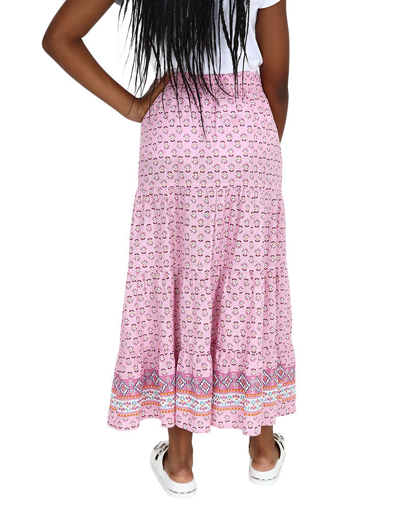 Border Print Pink Tiered Maxi Skirt