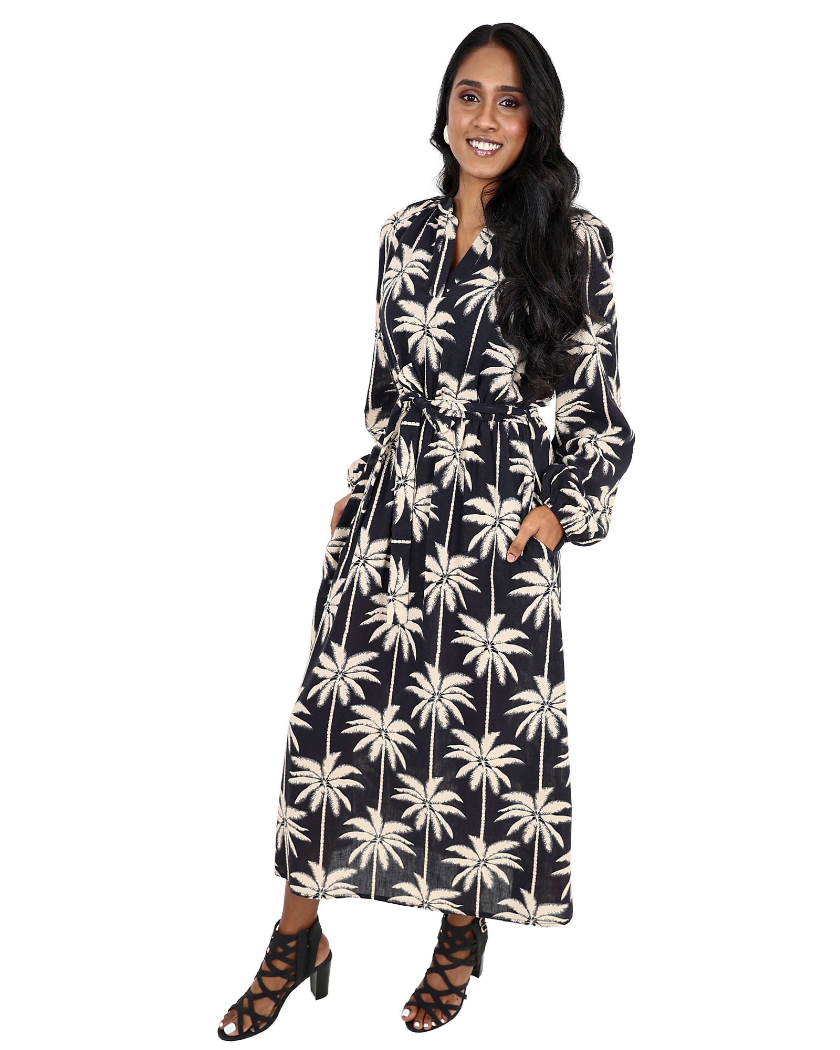 Palm Print Linen-Look Flared Maxi Dress