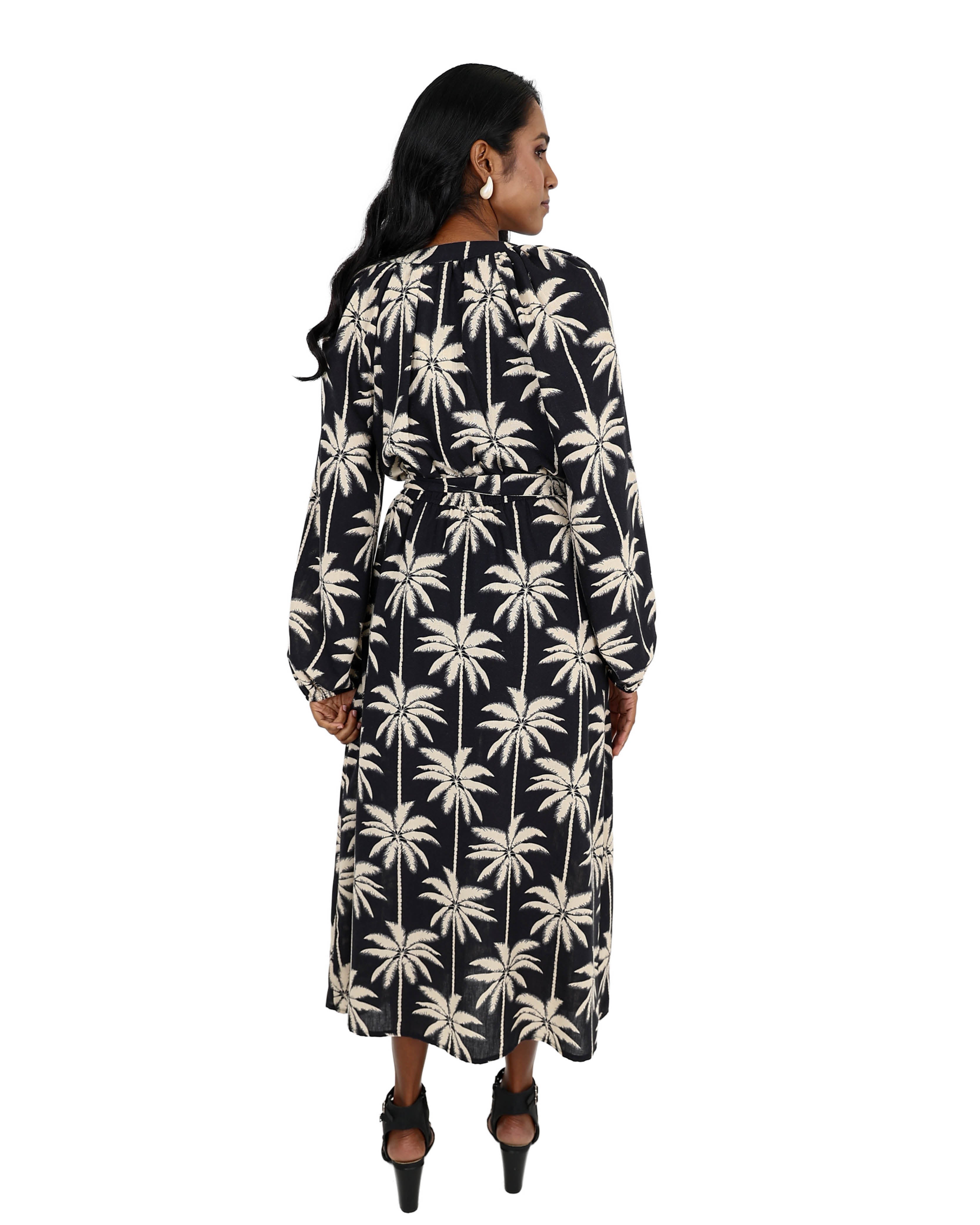 Palm Print Linen-Look Flared Maxi Dress