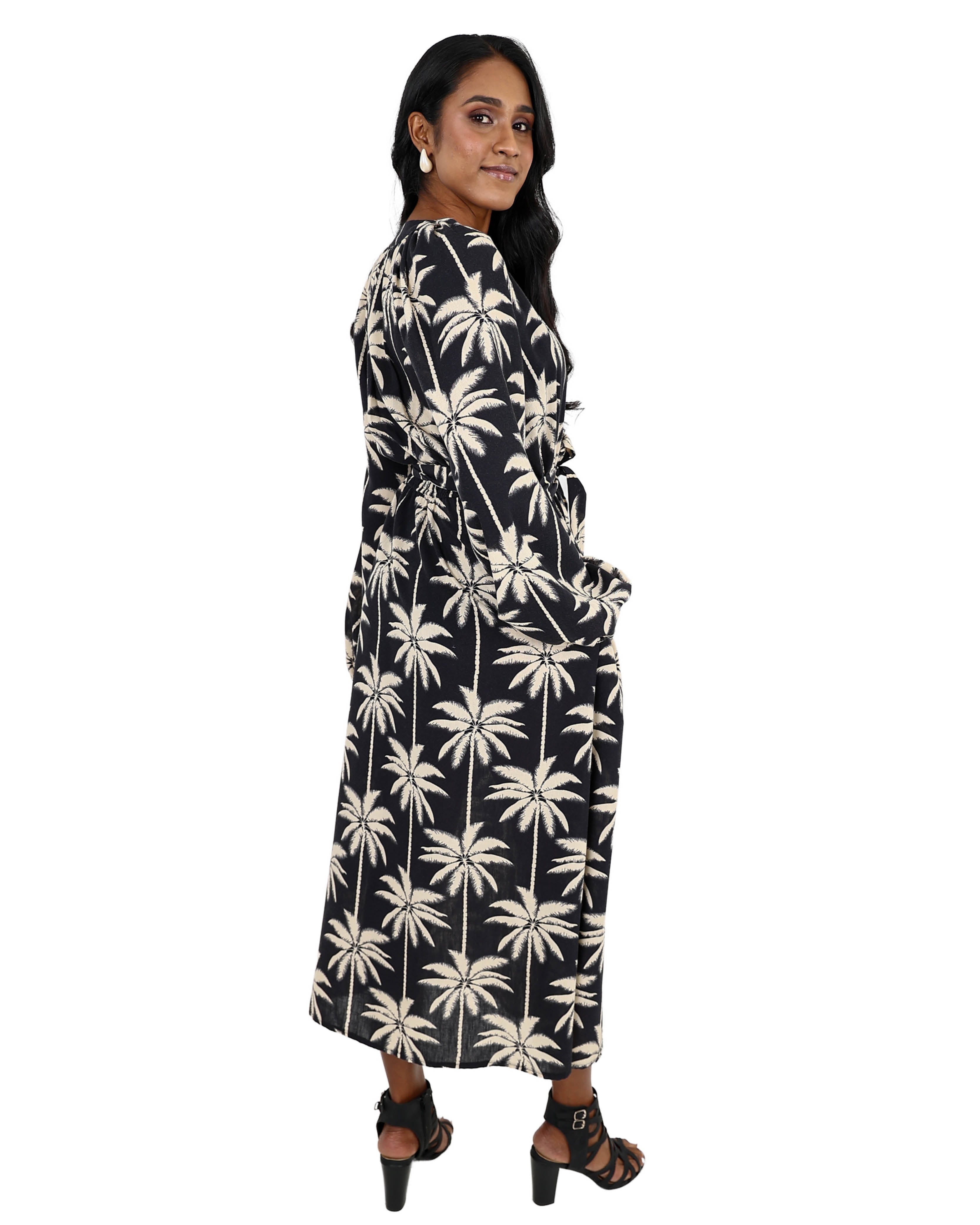 Palm Print Linen-Look Flared Maxi Dress