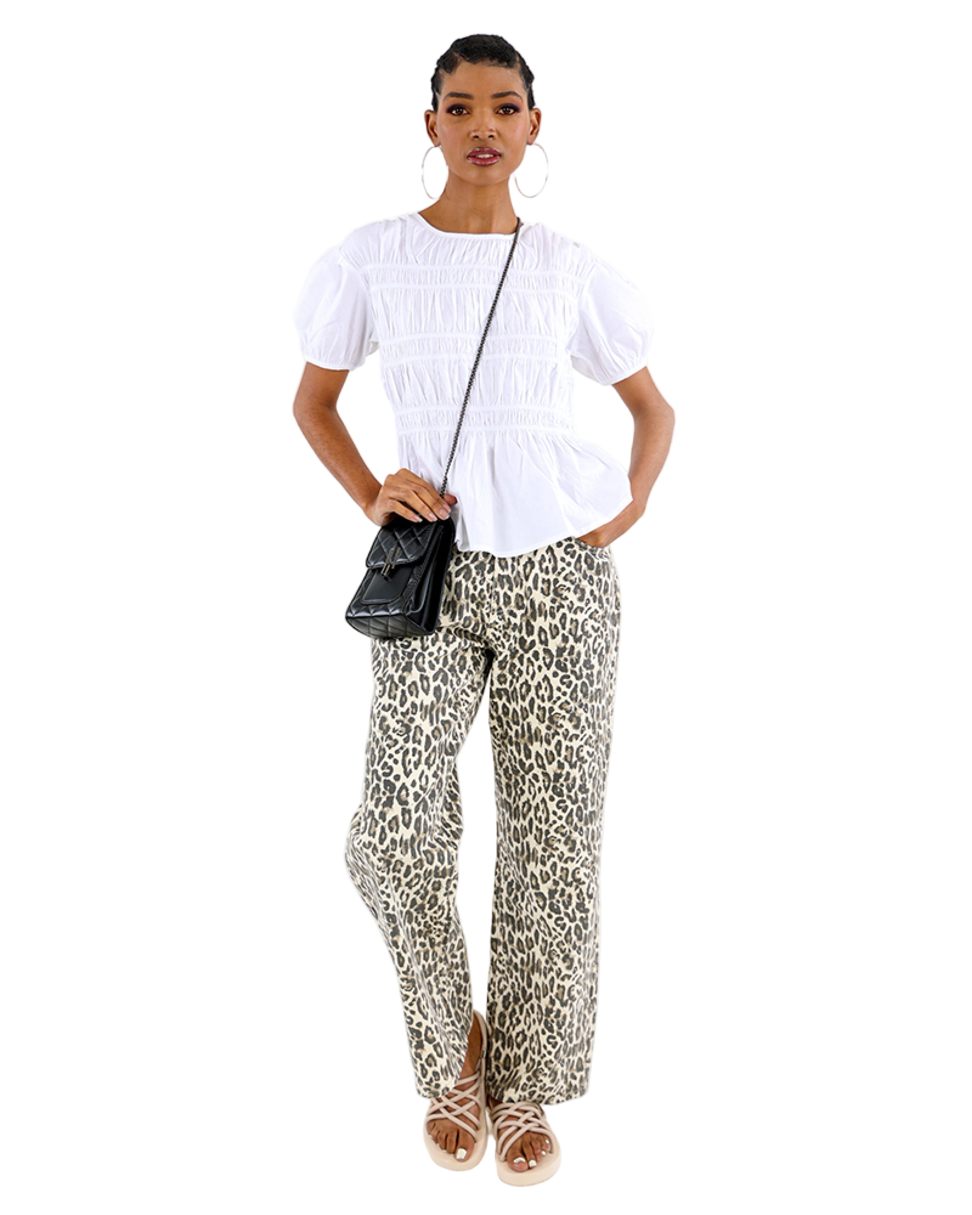 Short Puff Sleeve Shirred Peplum Blouse