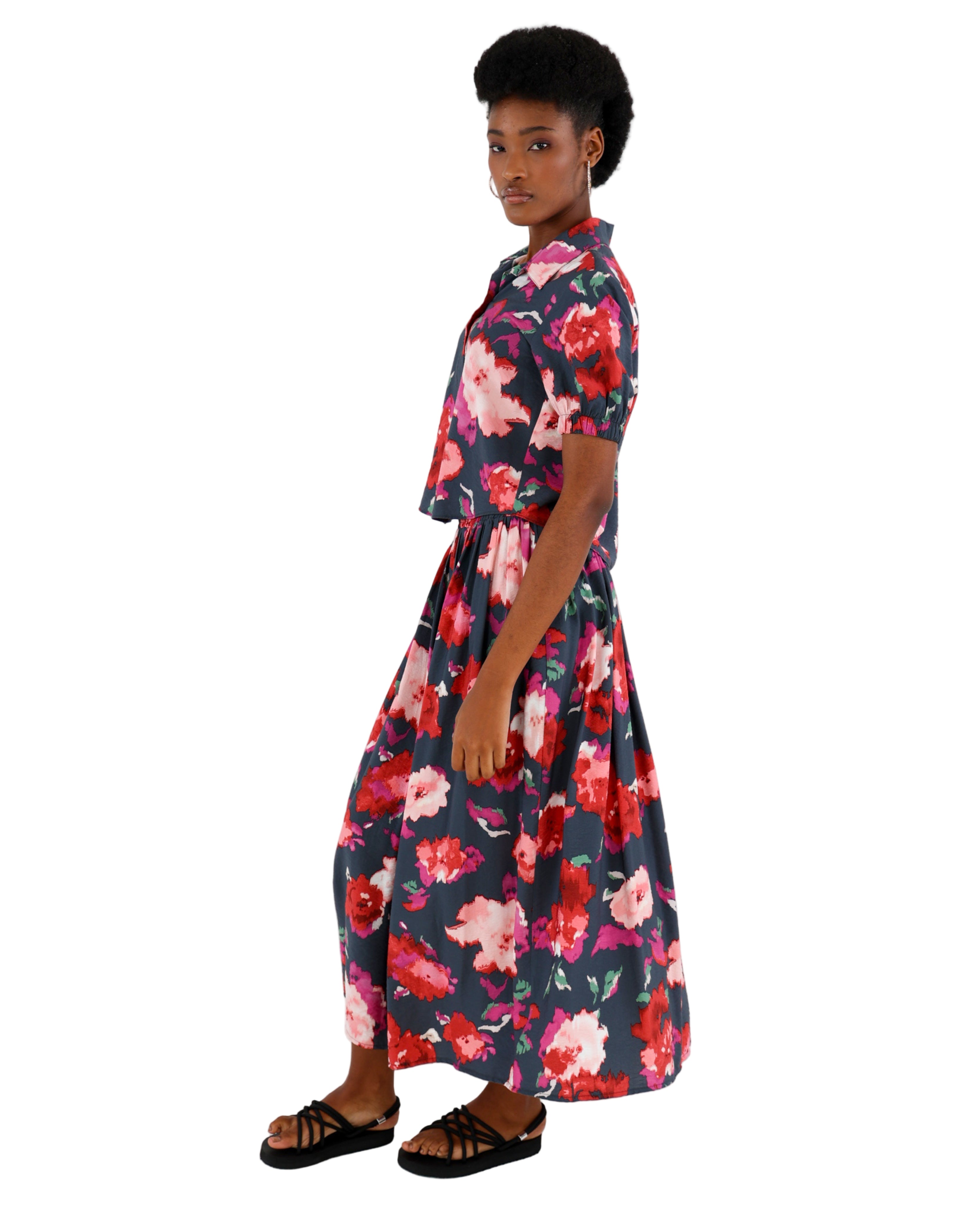Floral Print Flared Maxi Skirt