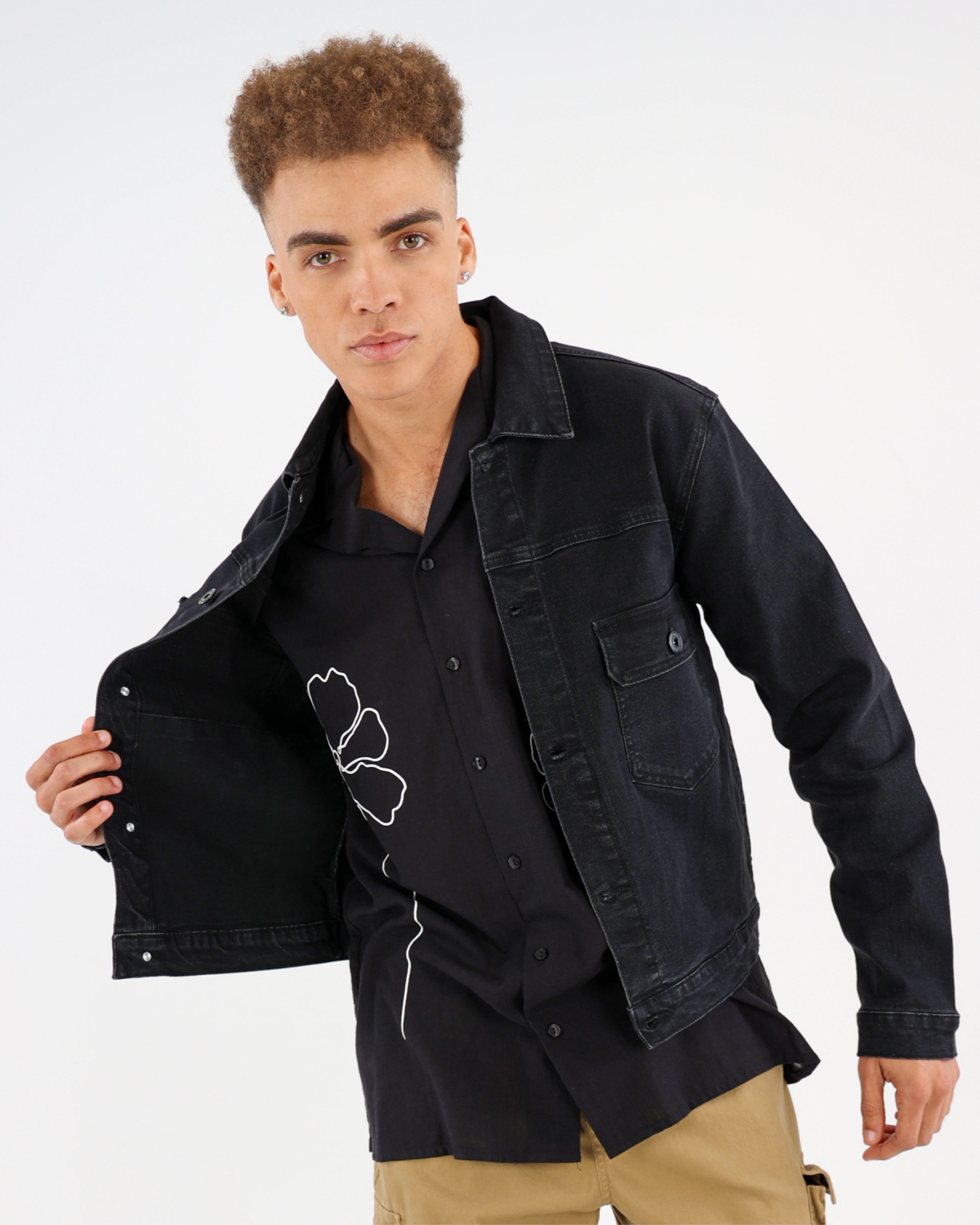 Black Styled Up Double Patch Pocket Denim Jacket