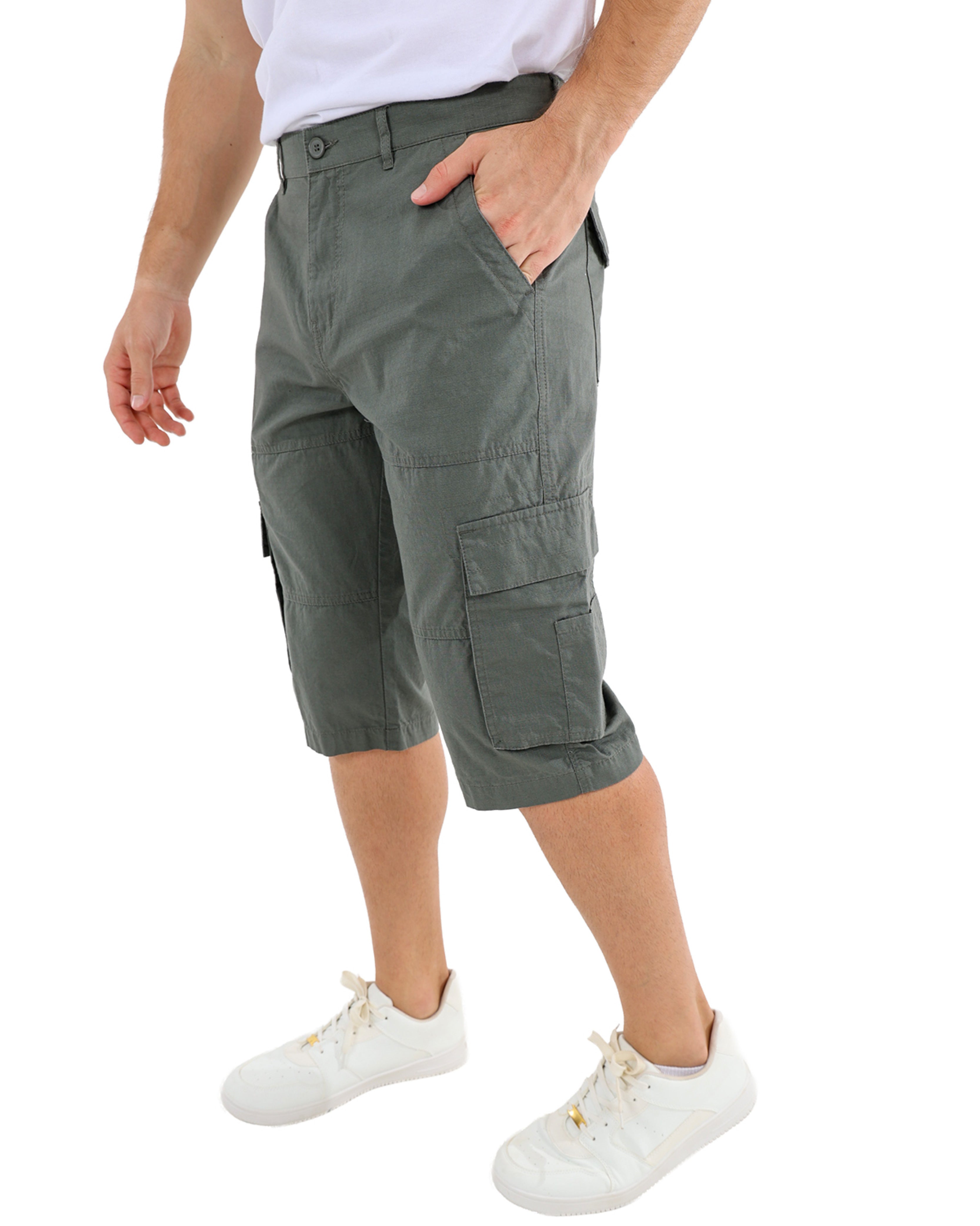 Cotton Ripstop Fatigue Clamdigger Shorts With Stitching Detail