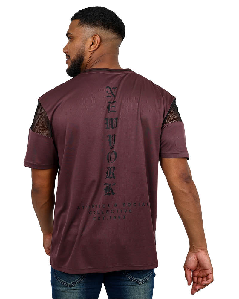 Short Sleeve Burgundy Mesh New York 93 Graphic T-shirt