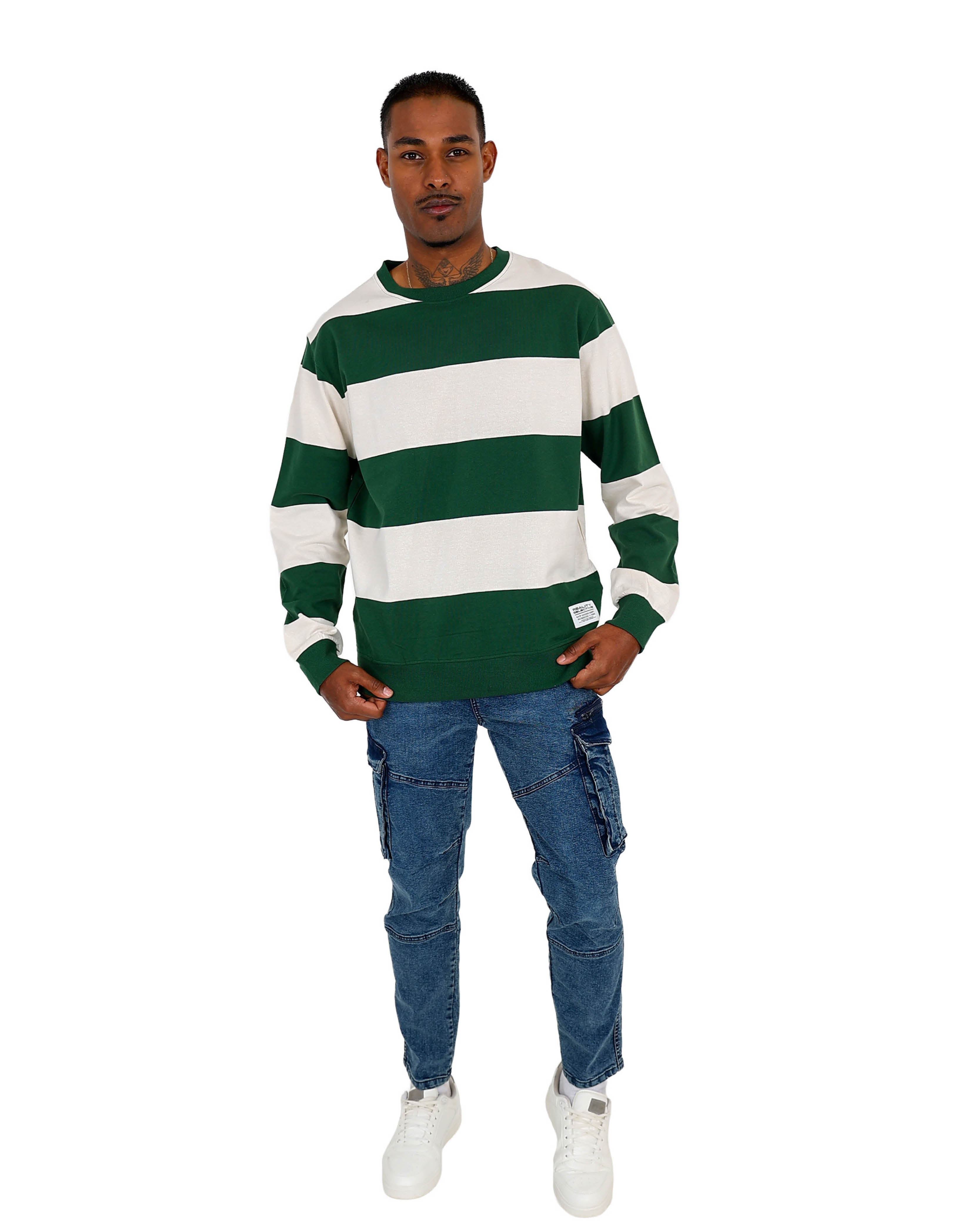 Long Sleeve Green Stripe Lightweight Fleece Pullover