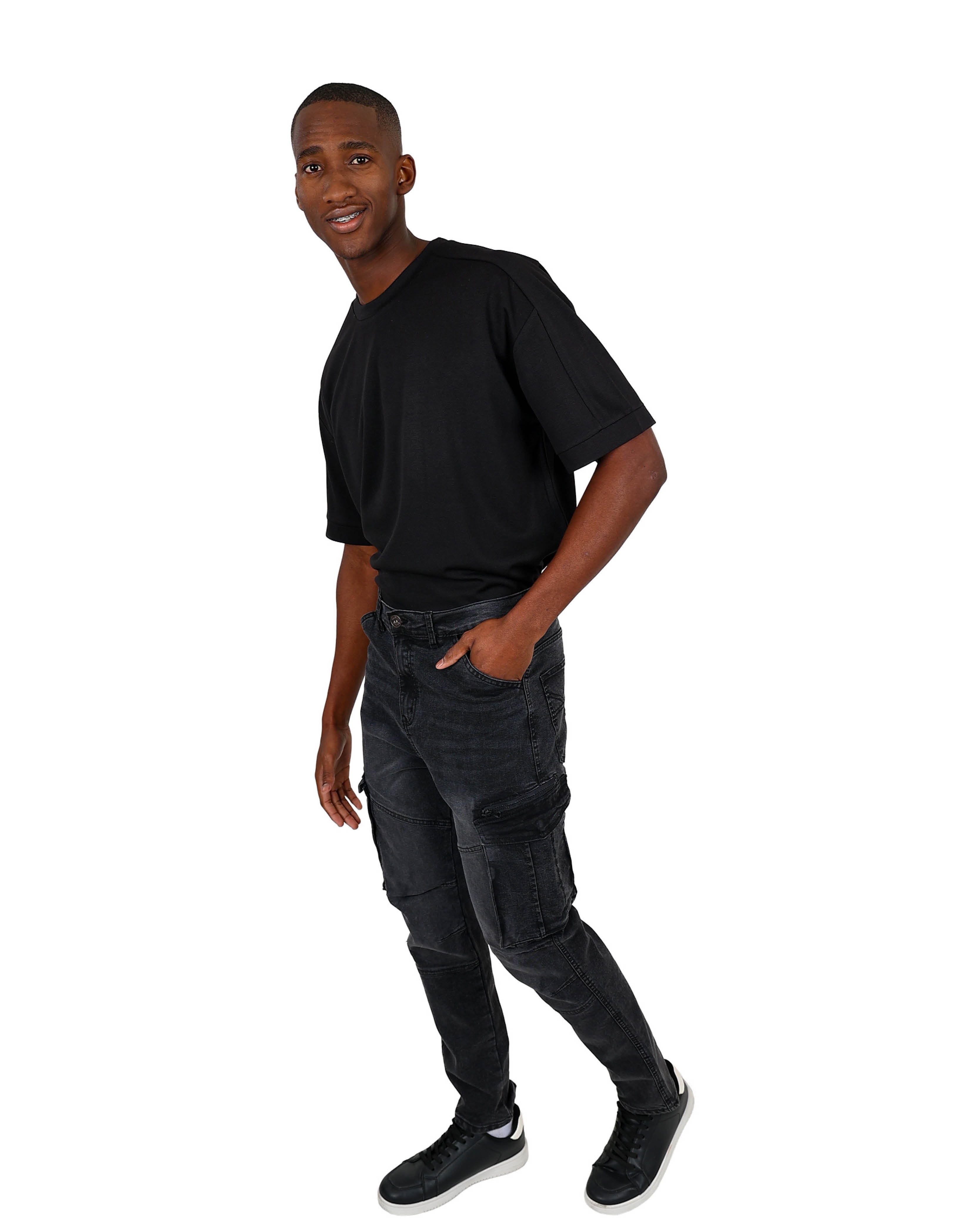 Black Acid Wash Skinny Fit Cargo Jeans