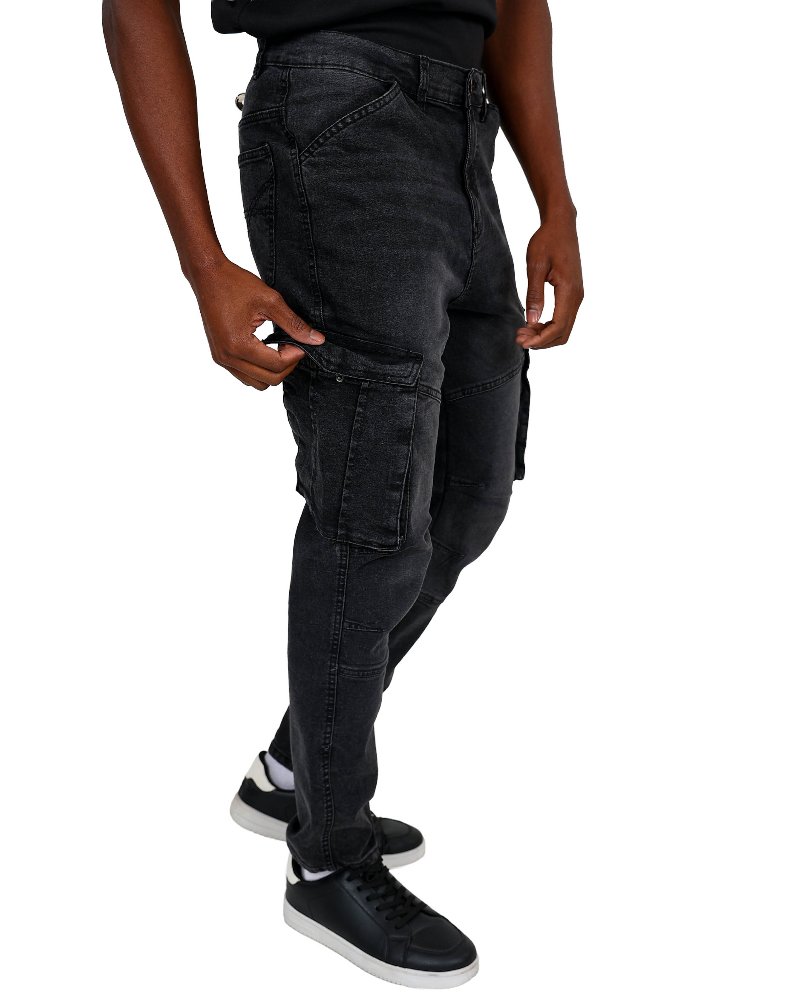 Black Acid Wash Skinny Fit Cargo Jeans