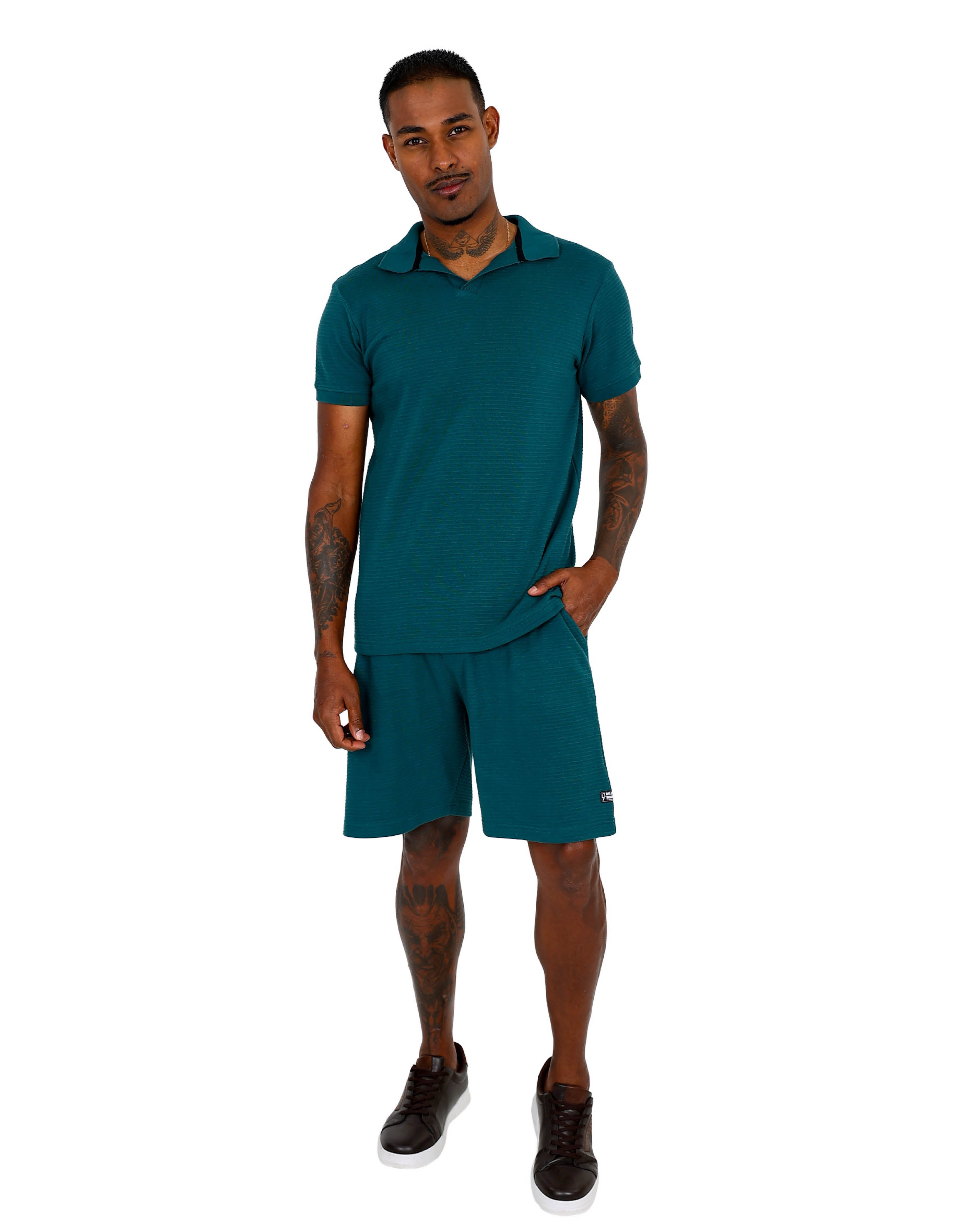Short Sleeve Teal Ottoman Johnny Collar Top