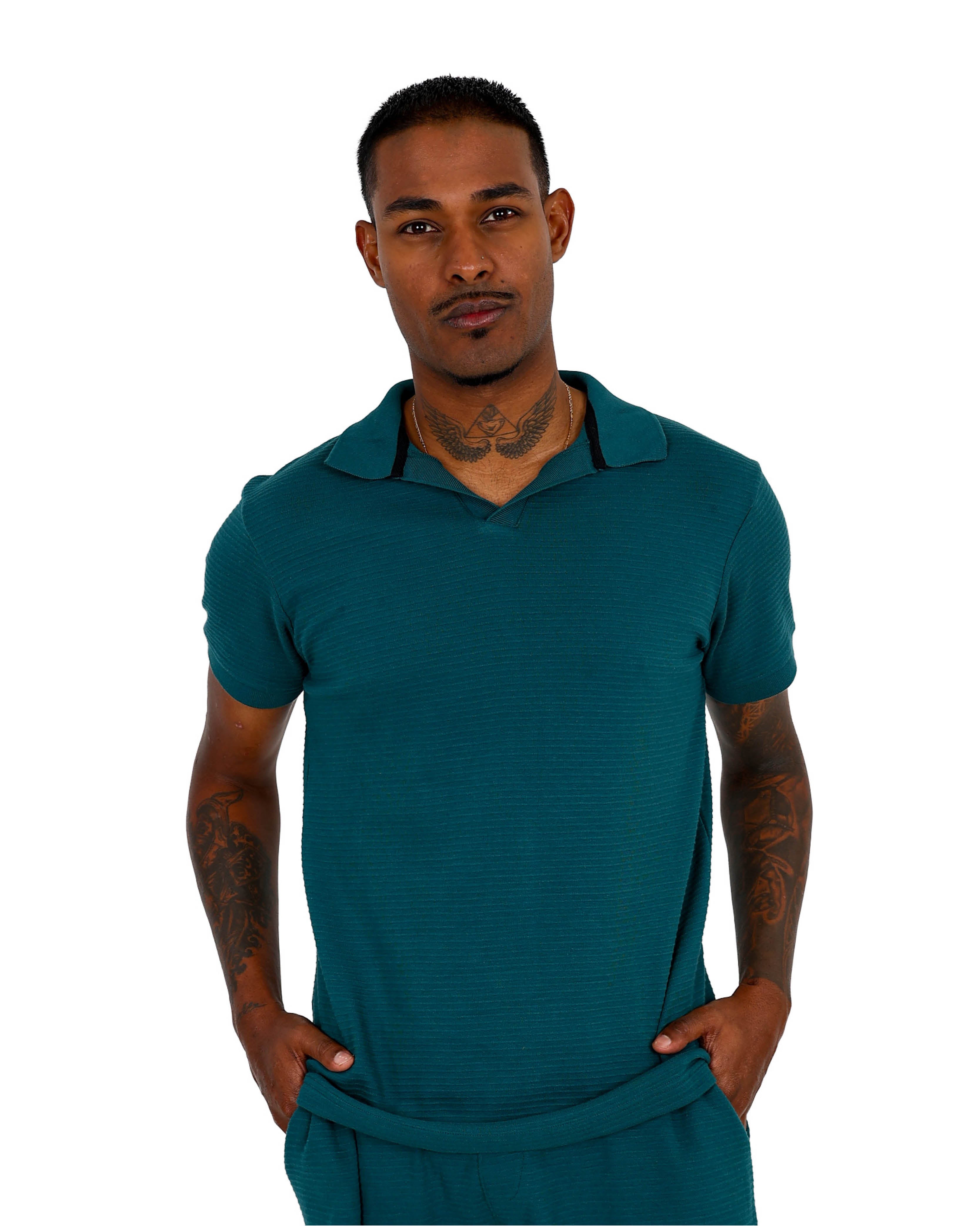 Short Sleeve Teal Ottoman Johnny Collar Top