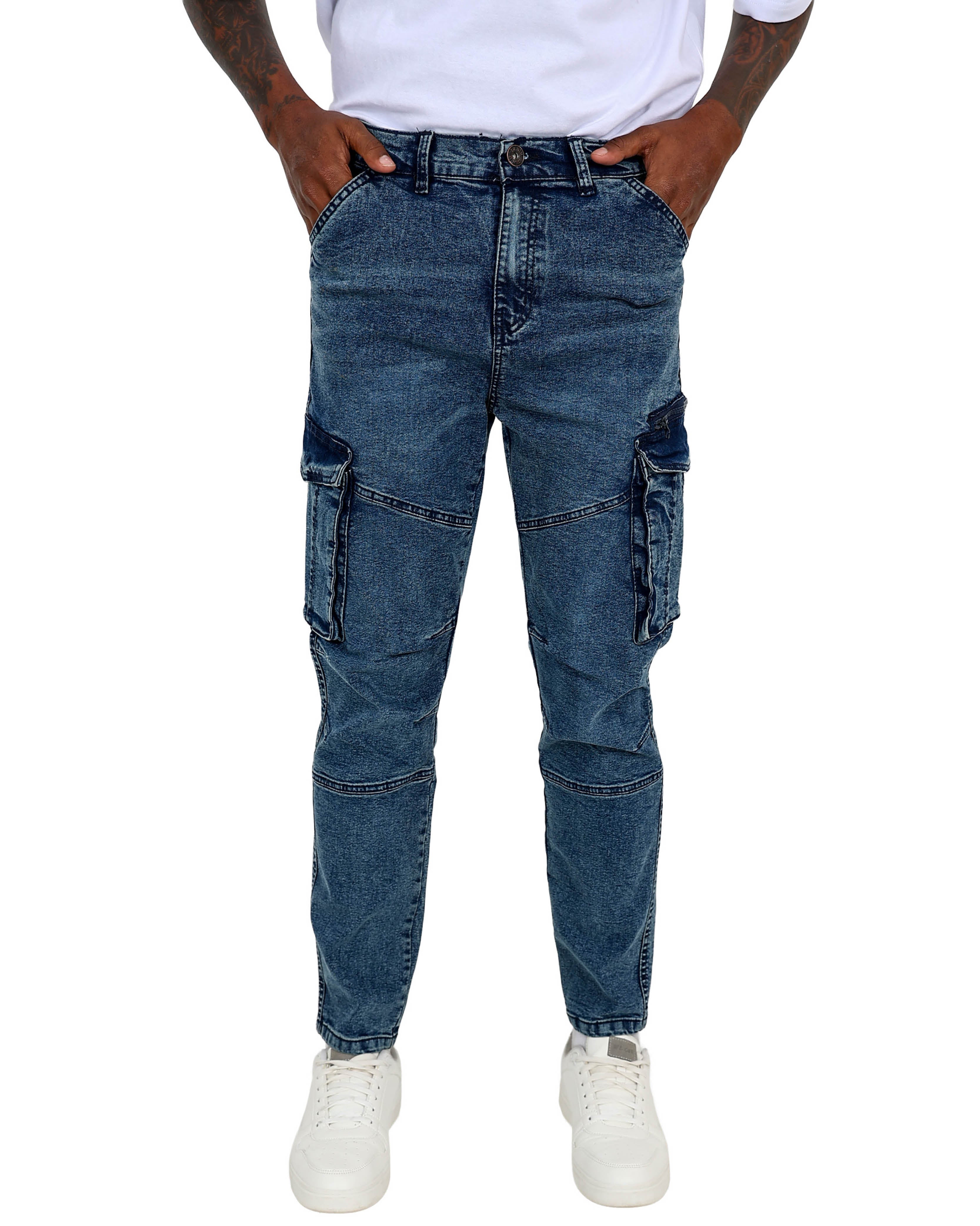 Indigo Acid Wash Skinny Fit Cargo Jeans