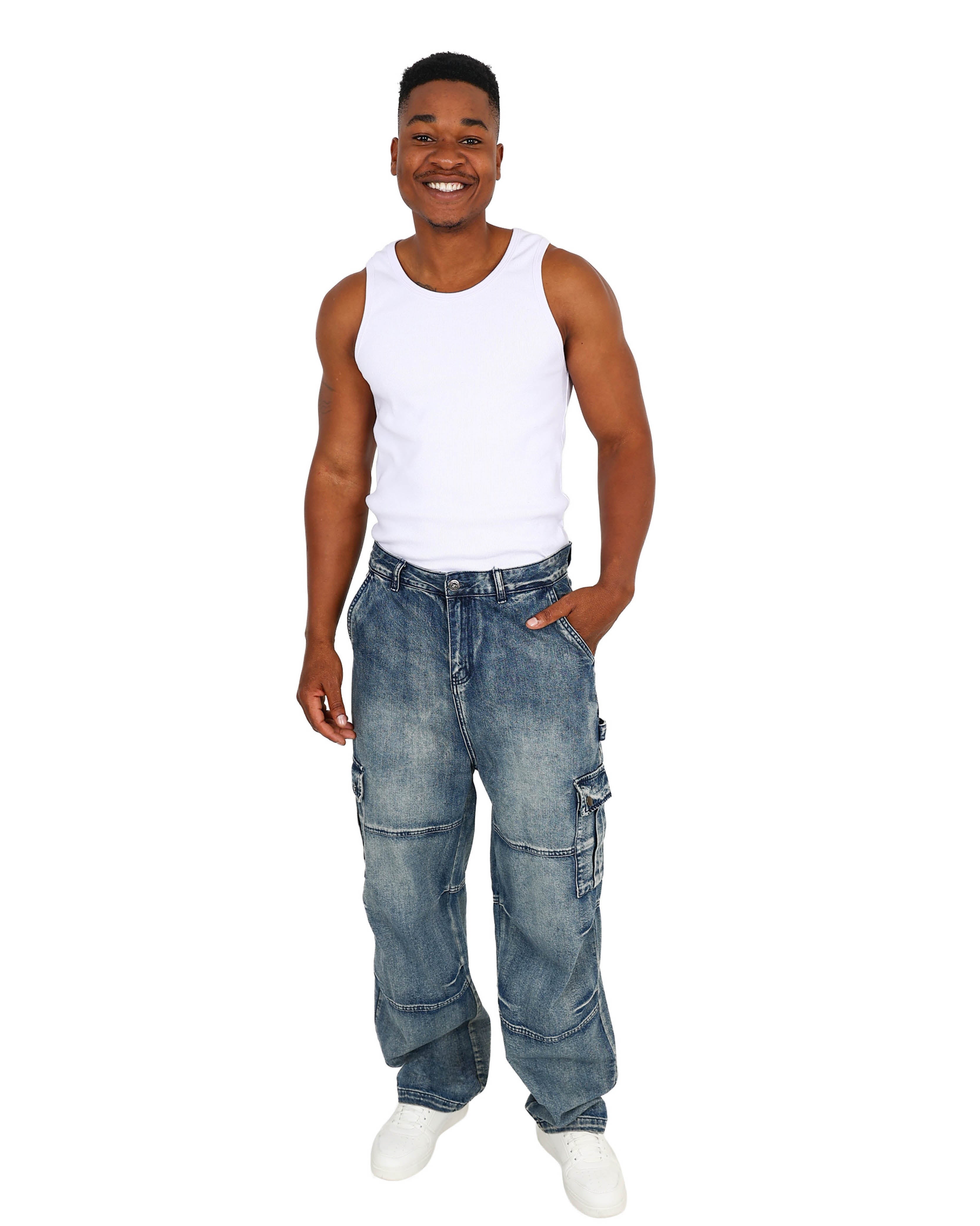 Blue Acid Wash Relaxed Fit Cargo Jeans