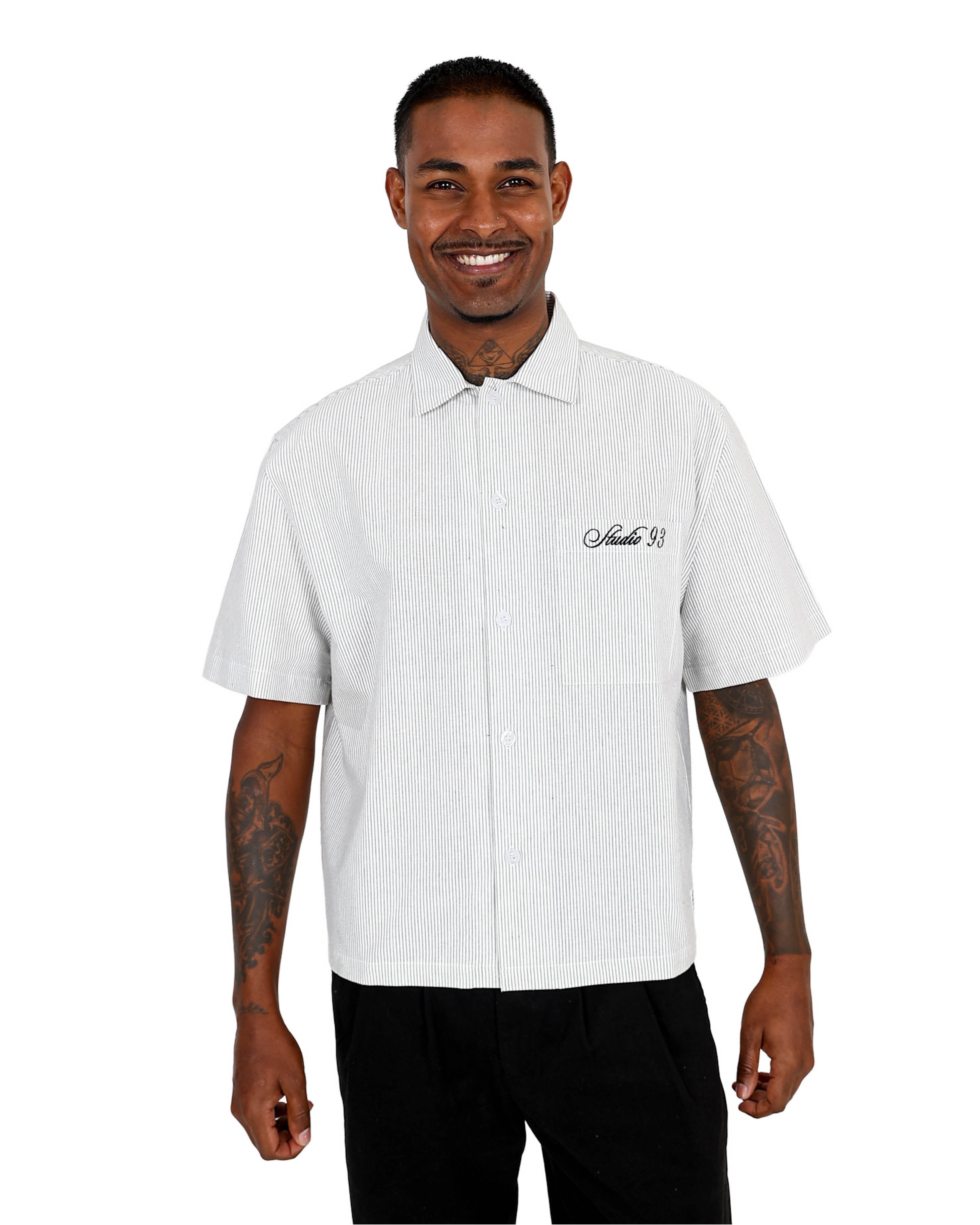 Short Sleeve Cream Stripe Boxy Graphic Shirt