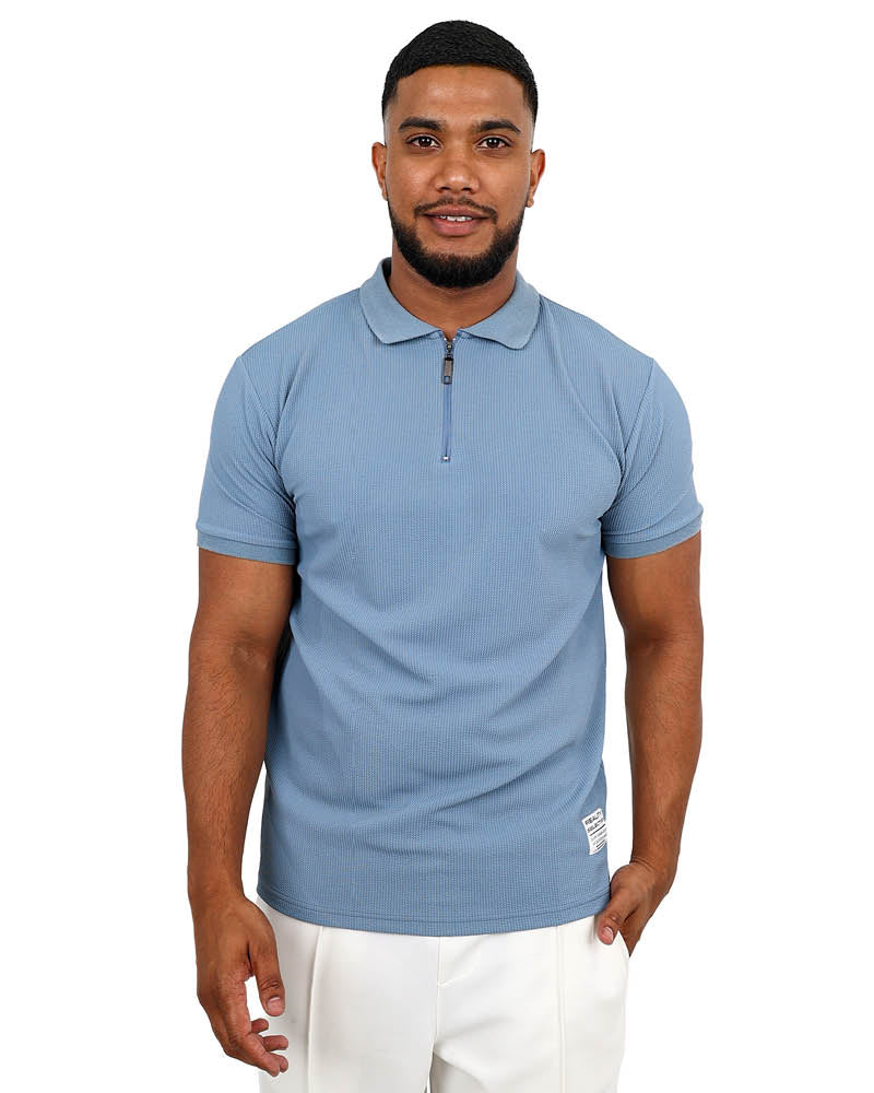 Short Sleeve Blue Textured Zip Up Golfer