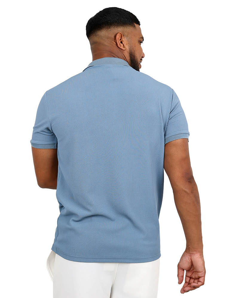 Short Sleeve Blue Textured Zip Up Golfer